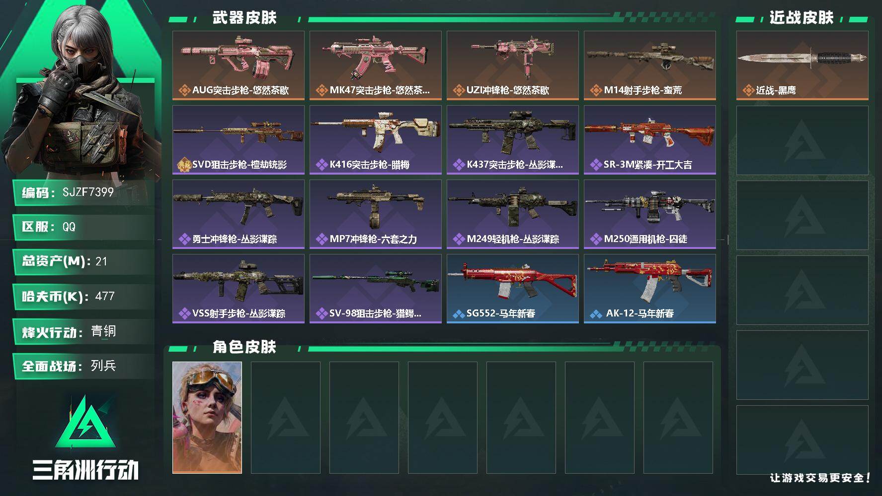 三角洲行动账号QQ【SJZF7399】总资产(M)：21M/哈夫币(K)：477K/哈夫币(K)：477K/传说枪皮数：4/全面战场等级：9_段位：列兵/烽火地带等级：60_段位：青铜/蛊-不羁人生/近战-黑鹰/AU