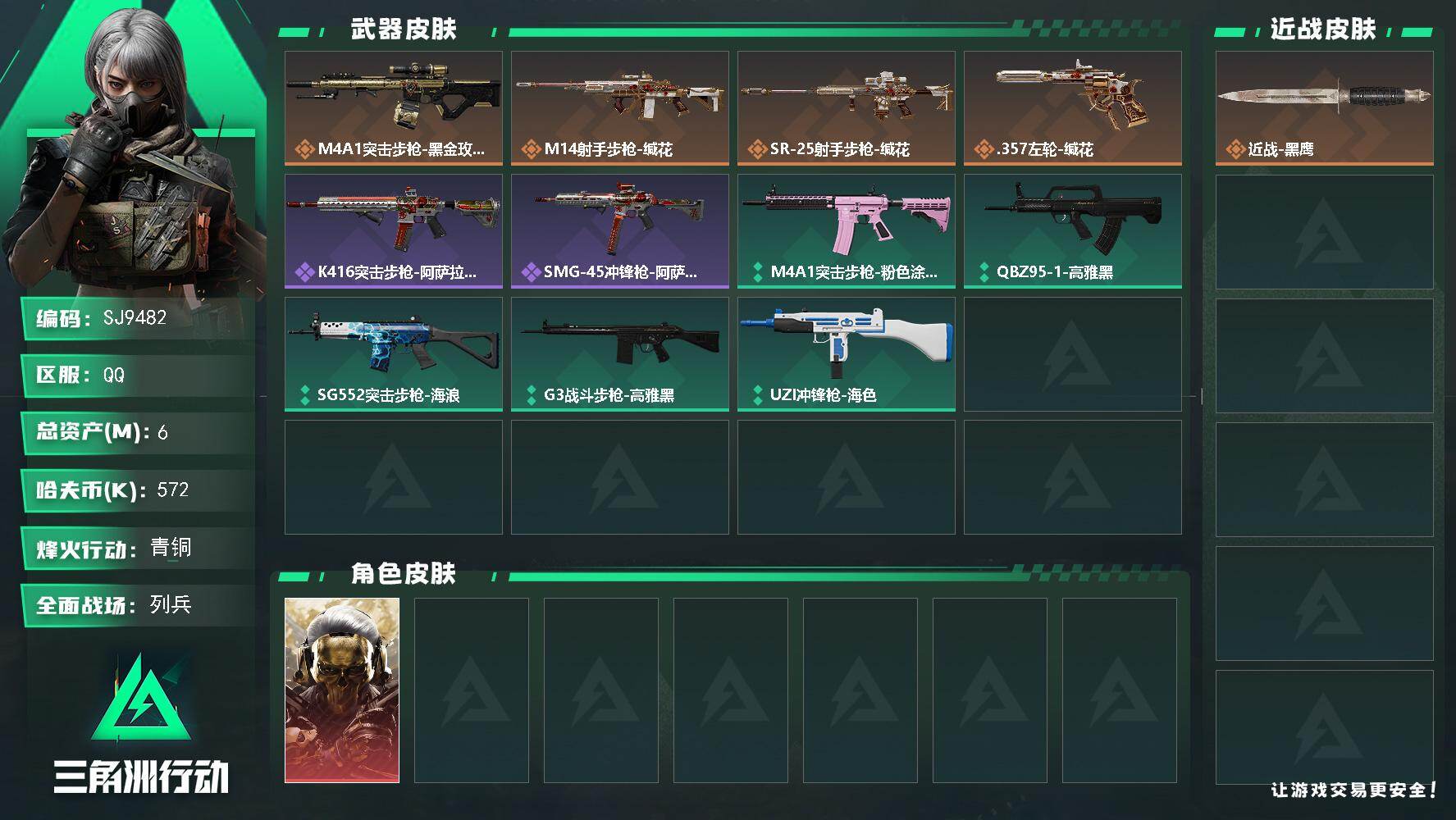 三角洲行动账号QQ【SJ9482】总资产(M)：6M/哈夫币(K)：572K/哈夫币(K)：572K/传说枪皮数：4/全面战场等级：7_段位：列兵/烽火地带等级：12_段位：青铜/红狼-蚀金玫瑰/近战-黑鹰/M4A1
