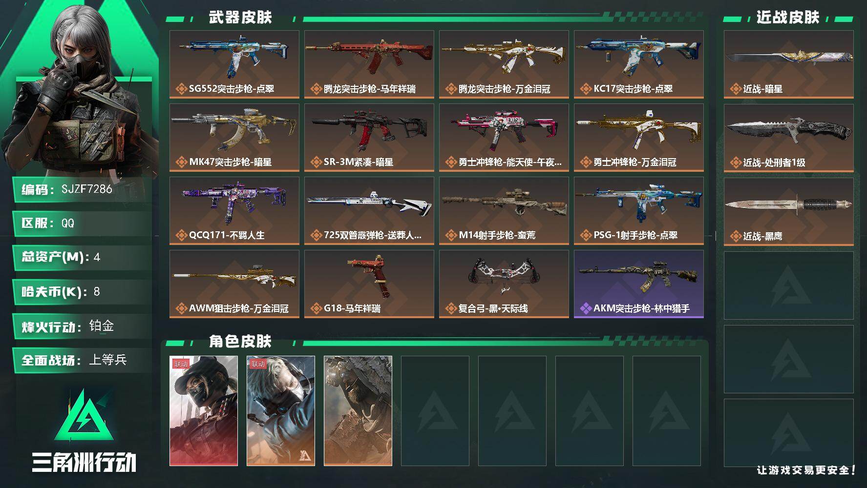 三角洲行动账号QQ【SJZF7286】总资产(M)：4M/哈夫币(K)：8K/哈夫币(K)：8K/传说枪皮数：15/全面战场等级：24_段位：上等兵/烽火地带等级：60_段位：铂金/露娜-黑·天际线/蜂医-送葬人·无