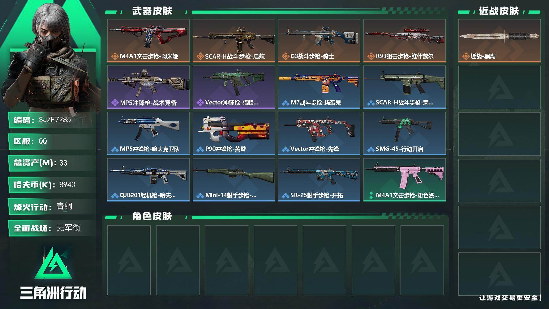 三角洲行动账号QQ【SJZF7285】总资产(M)：33M/哈夫币(K)：8940K/哈夫币(K)：8940K/传说枪皮数：4/全面战场等级：1_段位：无段位/烽火地带等级：60_段位：青铜/近战-黑鹰/M4A1突击