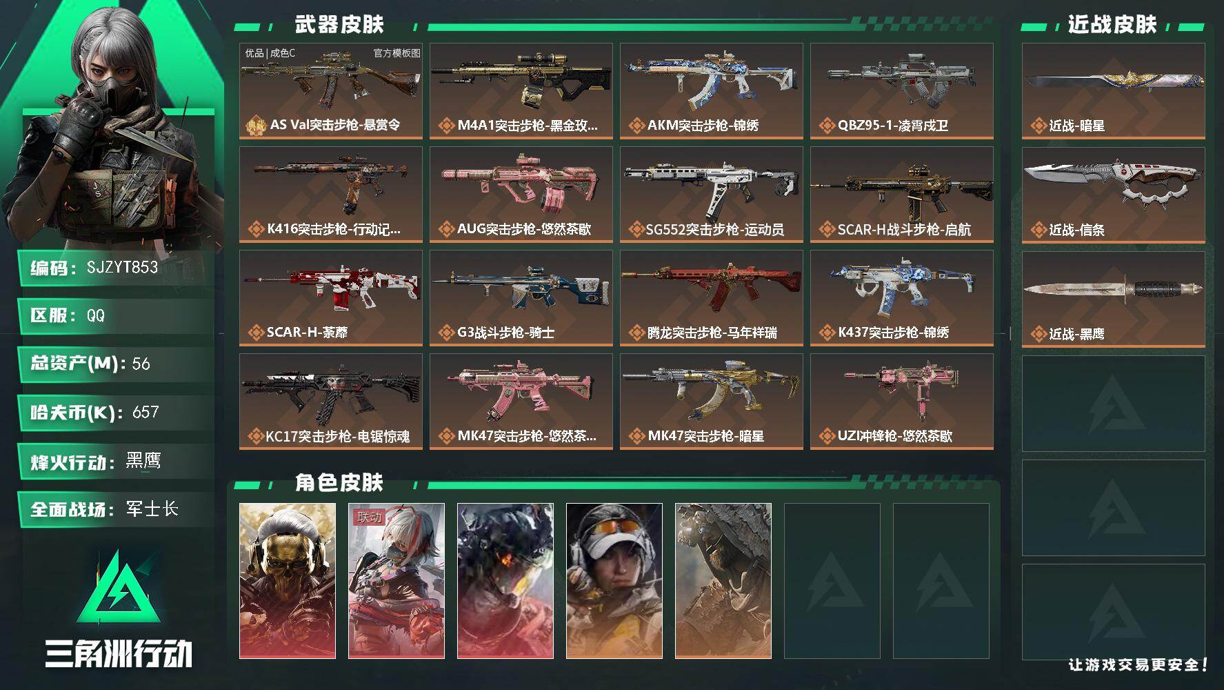 三角洲行动账号QQ【SJZYT853】总资产(M)：56M/哈夫币(K)：657K/哈夫币(K)：657K/传说枪皮数：27/全面战场等级：35_段位：军士长/烽火地带等级：60_段位：黑鹰/红狼-蚀金玫瑰/骇爪-维