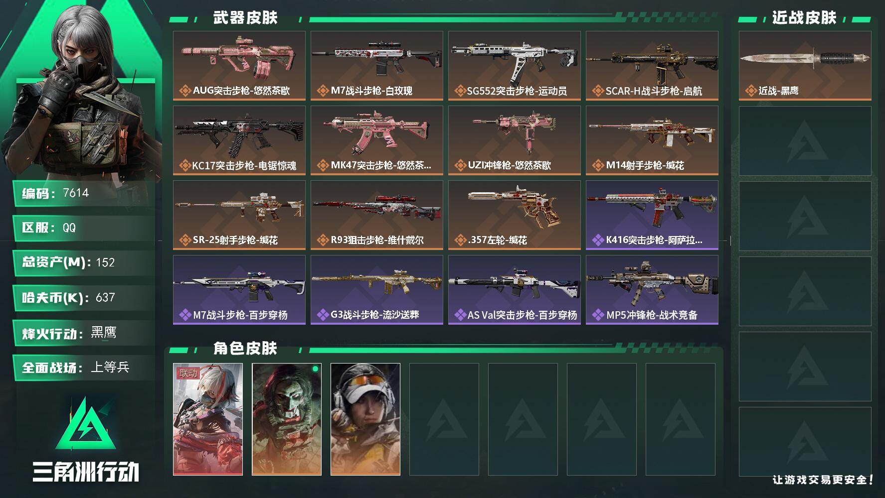 三角洲行动账号QQ总资产152M/哈夫币63万/传说枪皮数11/战场等级21/行动等级60/安全箱等时效性道具以游戏内数据为准，详情请看图/骇爪-维什戴尔/红狼-电锯惊魂/露娜-金牌射手/近战-黑鹰/AUG突击步枪-悠