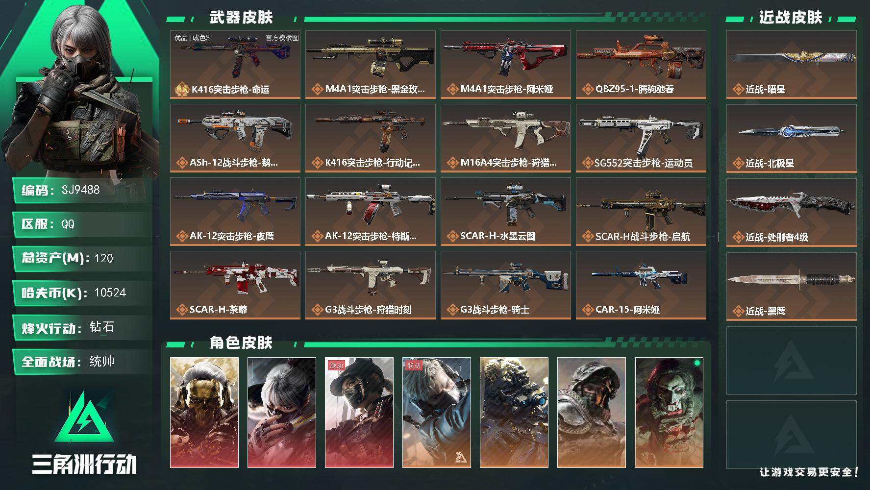 三角洲行动账号QQ【SJ9488】总资产(M)：120M/哈夫币(K)：10524K/哈夫币(K)：10524K/传说枪皮数：45/全面战场等级：50_段位：统帅/烽火地带等级：60_段位：钻石/红狼-蚀金玫瑰/骇爪