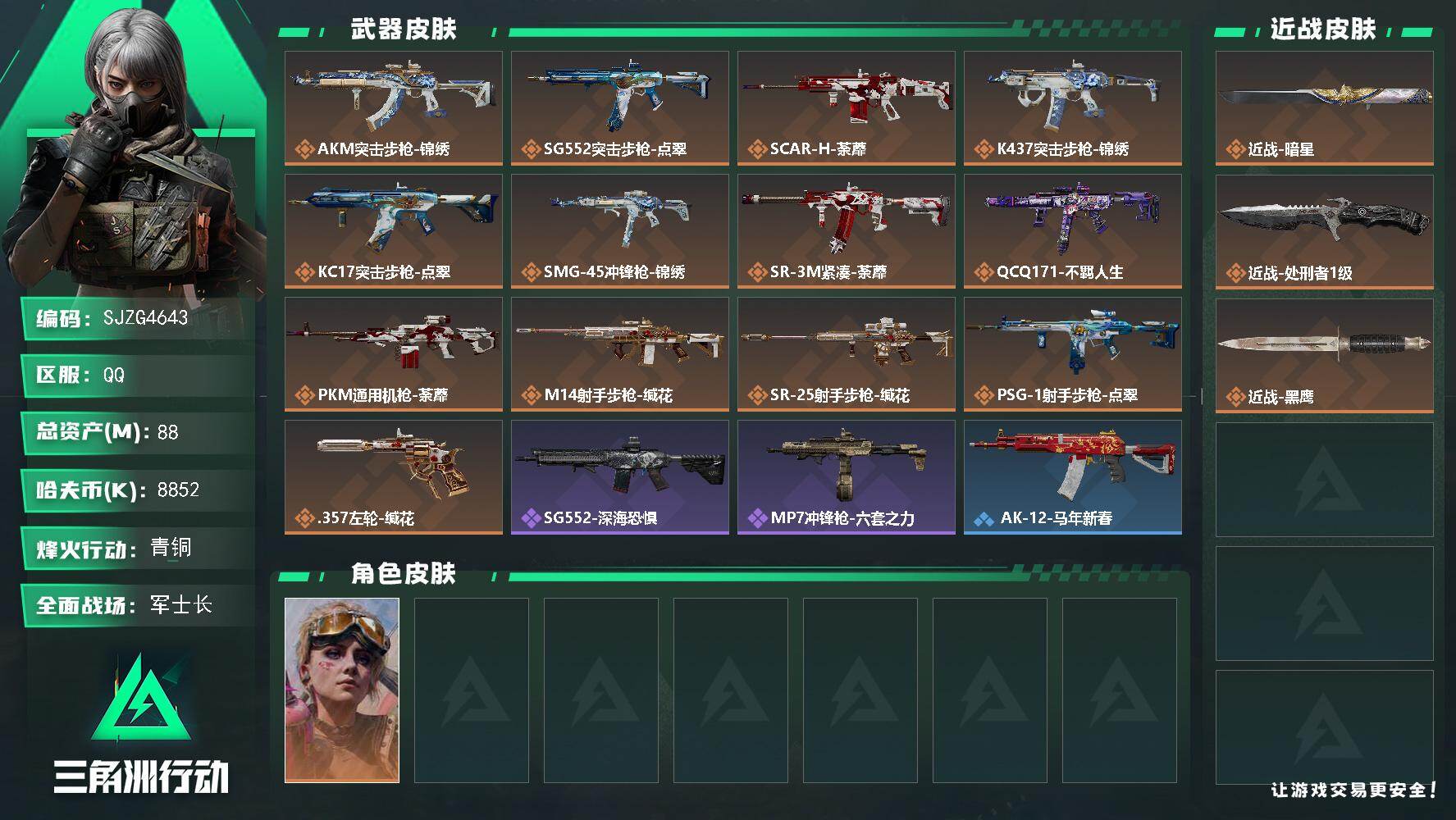 三角洲行动账号QQ【SJZG4643】总资产(M)：88M/哈夫币(K)：8852K/哈夫币(K)：8852K/传说枪皮数：13/全面战场等级：26_段位：军士长/烽火地带等级：60_段位：青铜/蛊-不羁人生/近战-