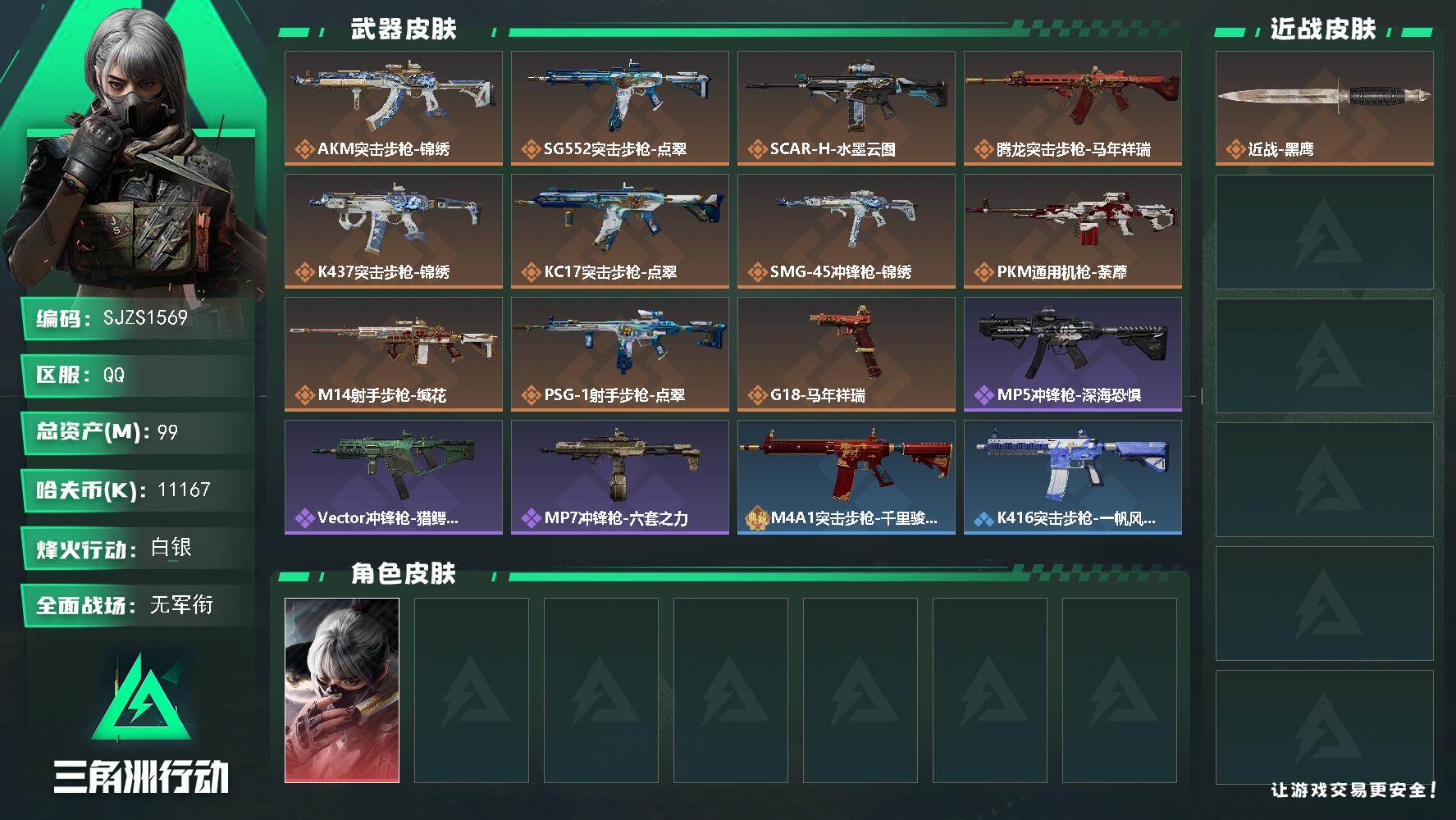 三角洲行动账号QQ【SJZS1569】总资产(M)：99M/哈夫币(K)：11167K/哈夫币(K)：11167K/传说枪皮数：11/全面战场等级：1_段位：无段位/烽火地带等级：42_段位：白银/骇爪-水墨云图/近