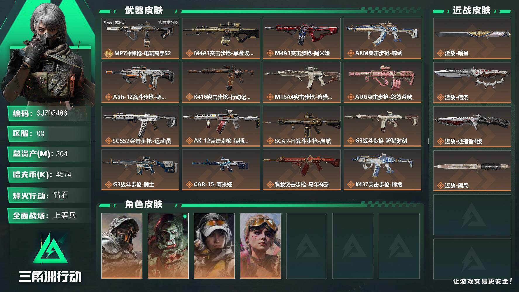 三角洲行动账号QQ【SJZD3483】总资产(M)：304M/哈夫币(K)：4574K/哈夫币(K)：4574K/传说枪皮数：40/全面战场等级：21_段位：上等兵/烽火地带等级：60_段位：钻石/深蓝-不破誓约/红