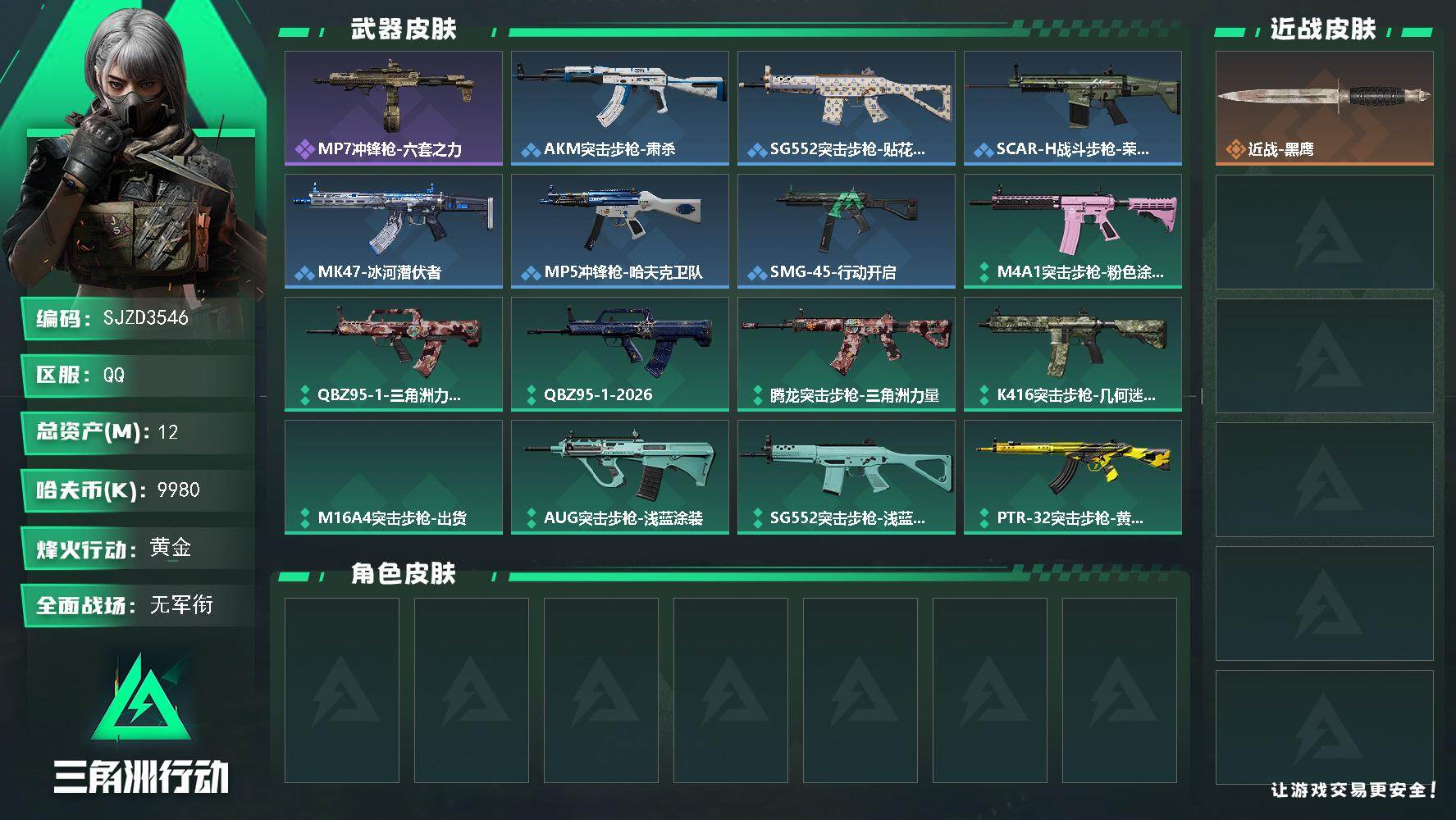 三角洲行动账号QQ【SJZD3546】总资产(M)：12M/哈夫币(K)：9980K/哈夫币(K)：9980K/全面战场等级：1_段位：无段位/烽火地带等级：60_段位：黄金/近战-黑鹰/MP7冲锋枪-六套之力/AK