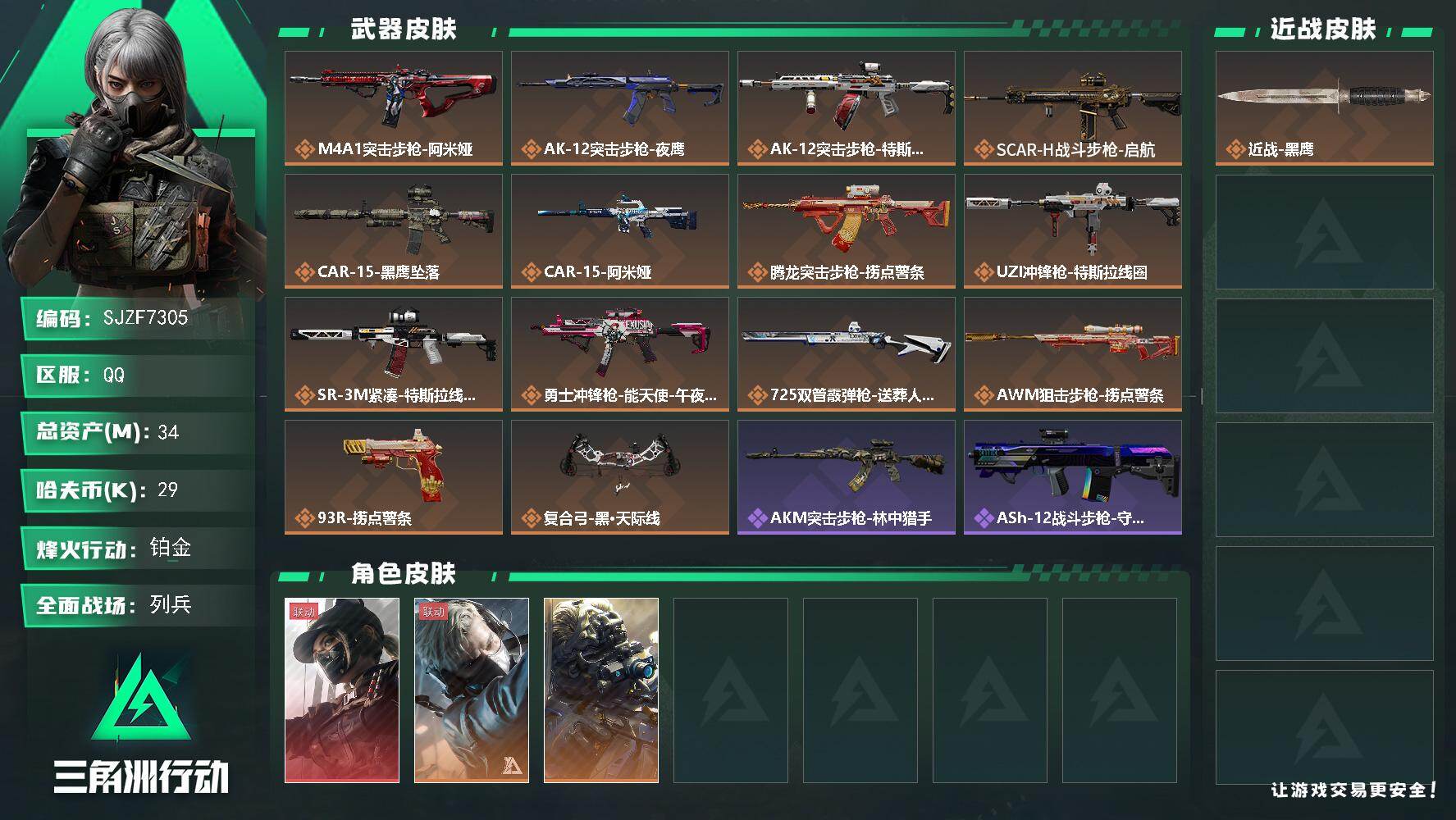 三角洲行动账号QQ【SJZF7305】总资产(M)：34M/哈夫币(K)：29K/哈夫币(K)：29K/传说枪皮数：14/全面战场等级：36_段位：列兵/烽火地带等级：60_段位：铂金/露娜-黑·天际线/蜂医-送葬人