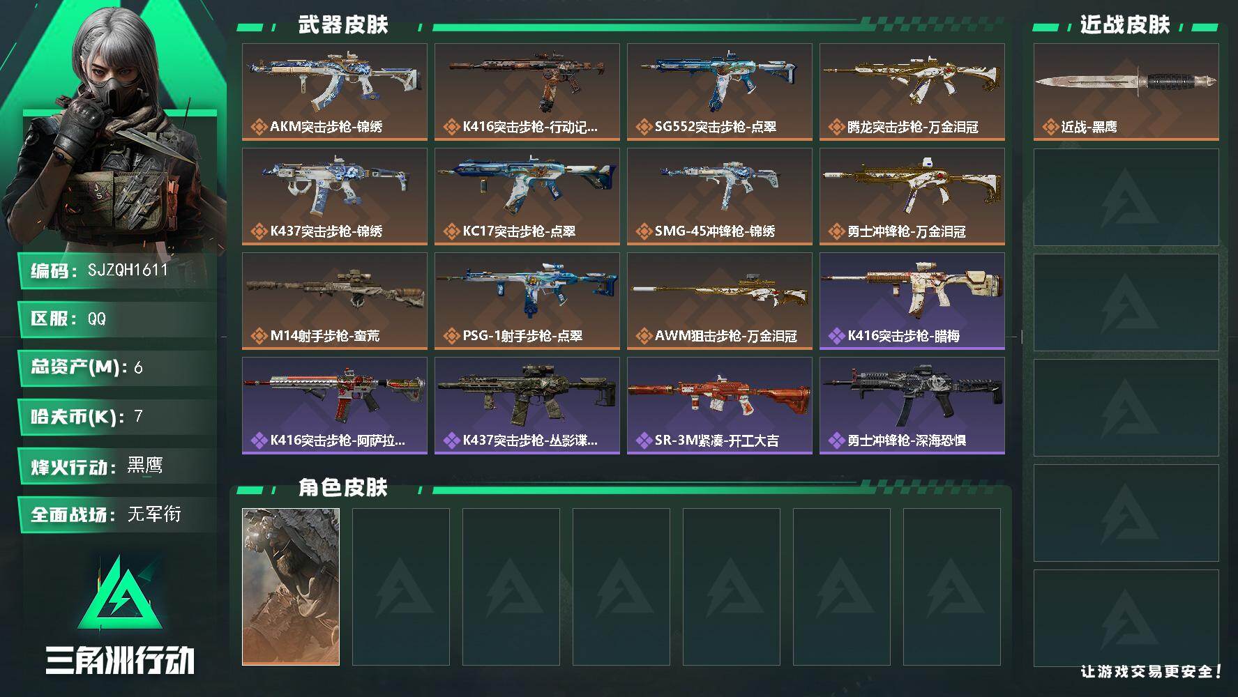 三角洲行动账号QQ【SJZQH1611】总资产(M)：6M/哈夫币(K)：7K/哈夫币(K)：7K/传说枪皮数：11/全面战场等级：1_段位：无段位/烽火地带等级：60_段位：黑鹰/乌鲁鲁-荒原猎手/近战-黑鹰/AK