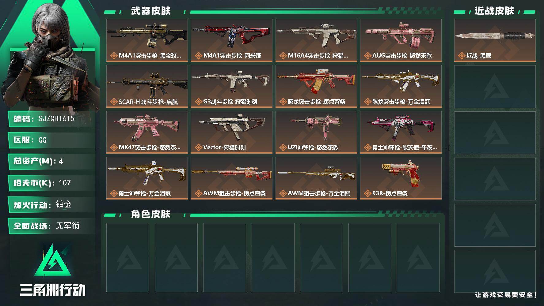 三角洲行动账号QQ【SJZQH1615】总资产(M)：4M/哈夫币(K)：107K/哈夫币(K)：107K/传说枪皮数：17/全面战场等级：5_段位：无段位/烽火地带等级：60_段位：铂金/近战-黑鹰/M4A1突击步