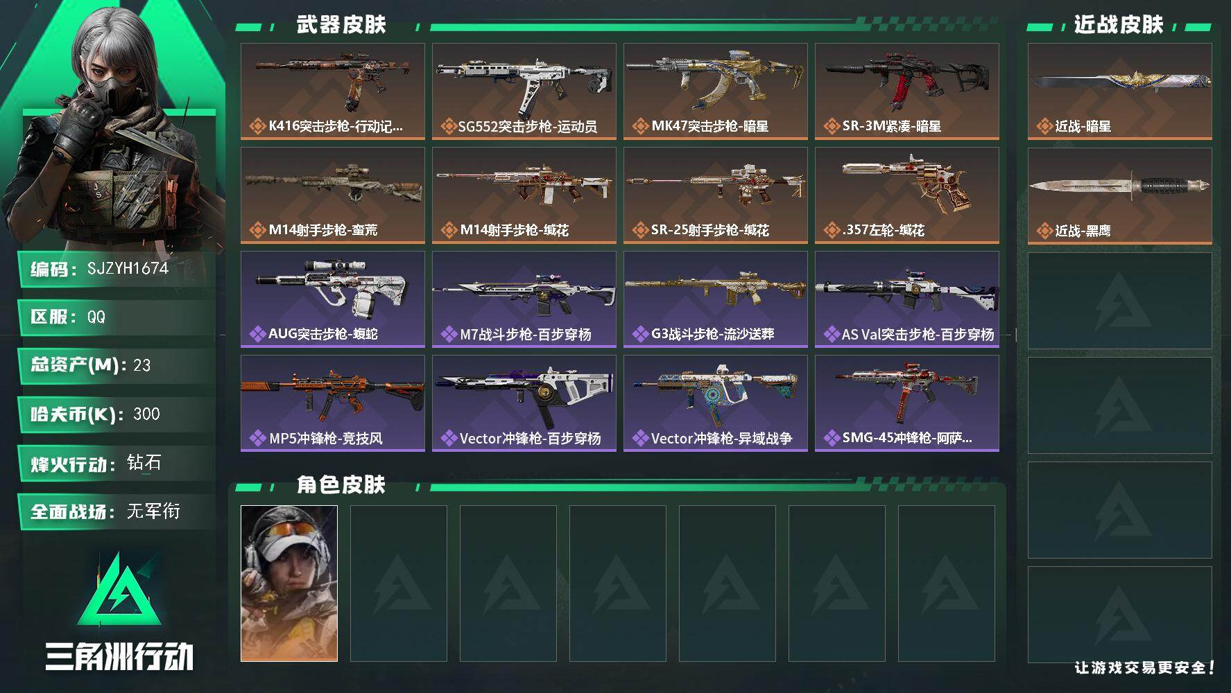 三角洲行动账号QQ【SJZYH1674】总资产(M)：23M/哈夫币(K)：300K/哈夫币(K)：300K/传说枪皮数：8/全面战场等级：1_段位：无段位/烽火地带等级：60_段位：钻石/露娜-金牌射手/近战-暗星