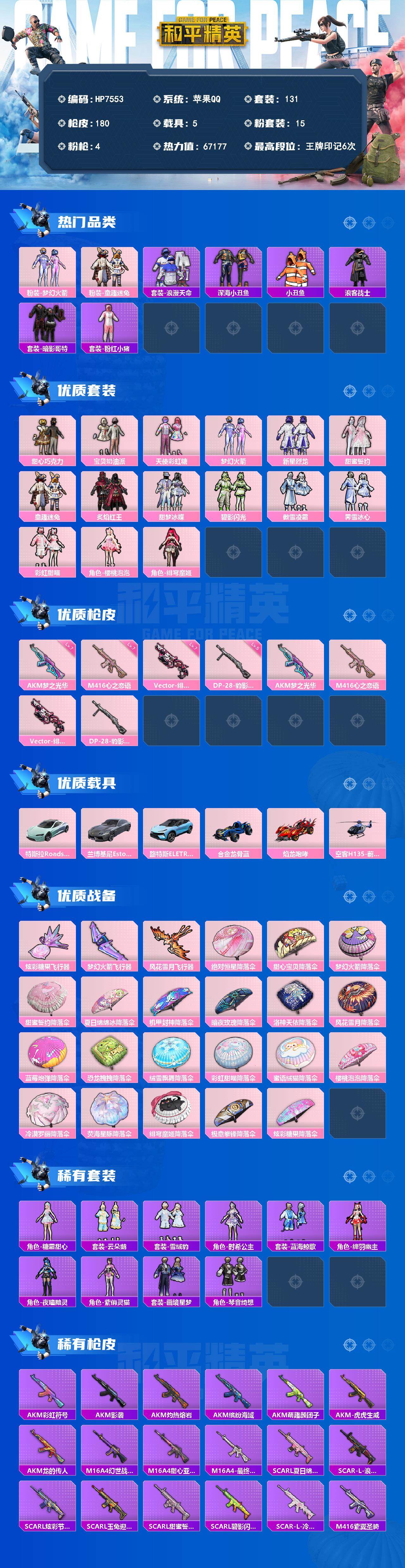 和平精英账号苹果QQ身法号-地铁满天赋-火箭少女/童趣迷兔/浪漫天命/深海小丑鱼/小丑鱼/浪客战士/红眼罩/粉红小猪/甜心巧克力/宝贝奶油派/新星烈龙/甜蜜誓约/炙焰红王/甜梦冰蝶/碧影闪光/傲雪凌霜/霁雪冰心/彩虹甜喵