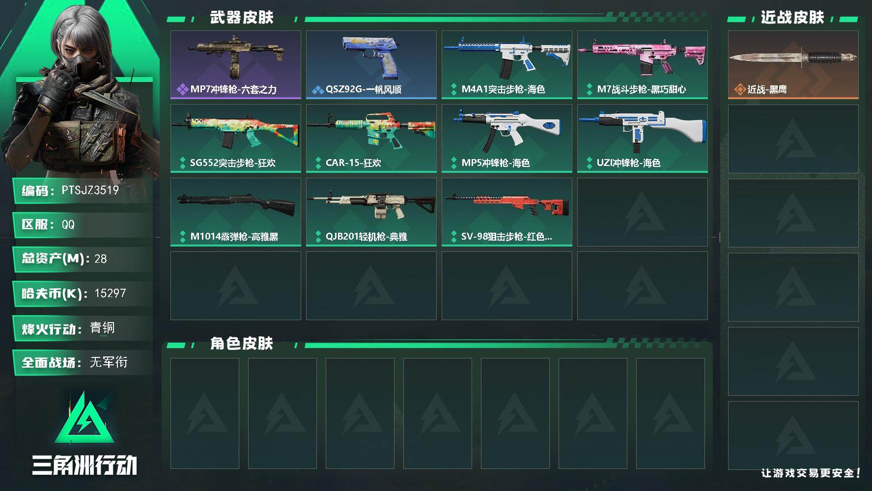 三角洲行动账号QQ【PTSJZ3519】总资产(M)：28M/哈夫币(K)：15297K/哈夫币(K)：15297K/