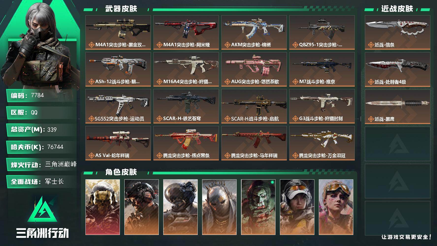 三角洲行动账号QQ总资产339M/哈夫币7674万/传说近战数1/传说枪皮数40/战场等级23/行动等级60/安全箱等时效性道具以游戏内数据为准，详情请看图/红狼-蚀金玫瑰/威龙-铁面判官/威龙-壮志凌云/牧羊人-街头