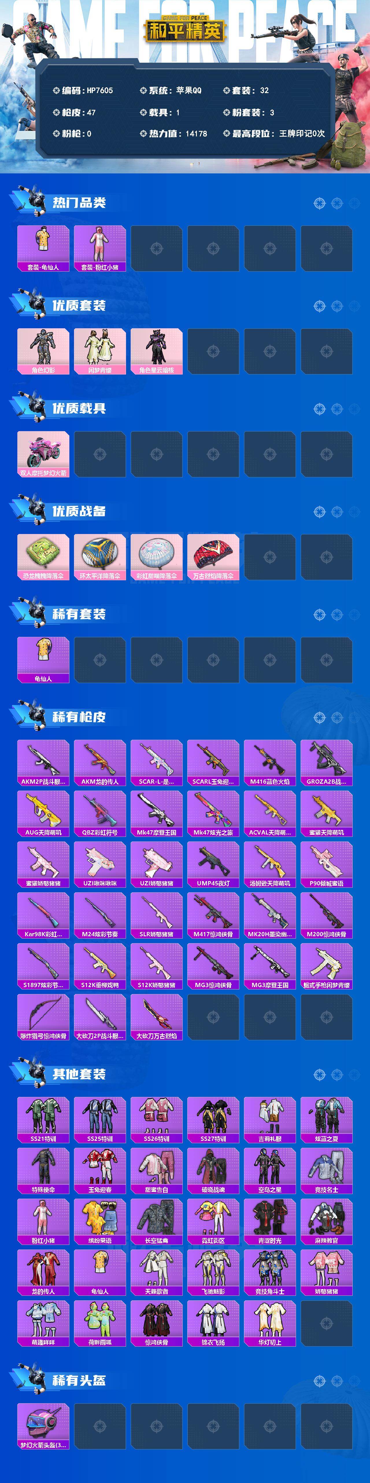 和平精英账号苹果QQ(3粉装-0特效枪-1载具)龟仙人/粉红小猪/幻影/闲梦青缨/星云暗核/双人摩托-梦幻火箭 没战神框 HP7605-0粉色飞行器-14178热力值-1王牌印记-32套装-47枪皮
【热门品类】：套装-