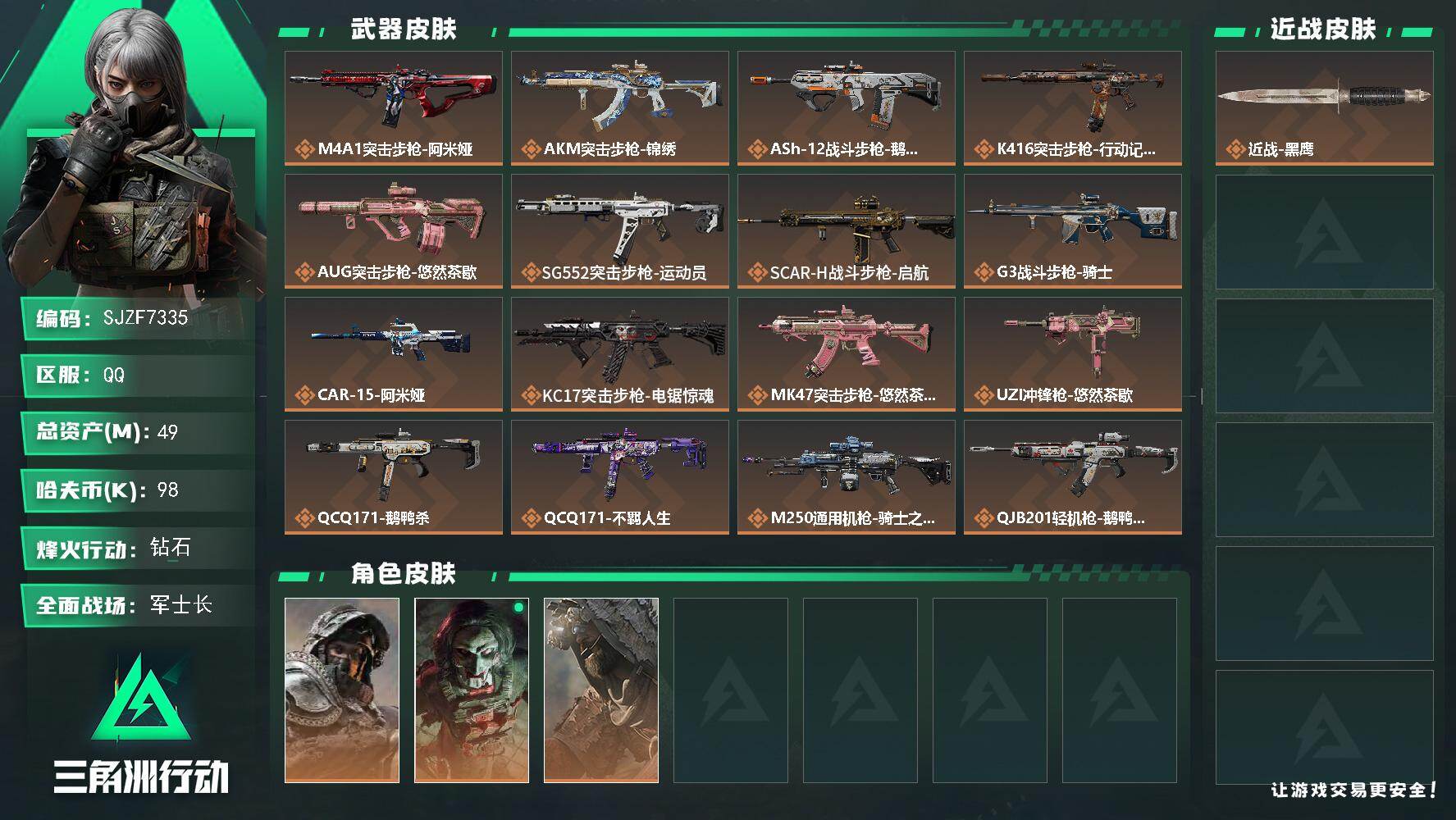 三角洲行动账号QQ【SJZF7335】总资产(M)：49M/哈夫币(K)：98K/哈夫币(K)：98K/传说枪皮数：22/全面战场等级：45_段位：军士长/烽火地带等级：60_段位：钻石/深蓝-不破誓约/红狼-电锯惊