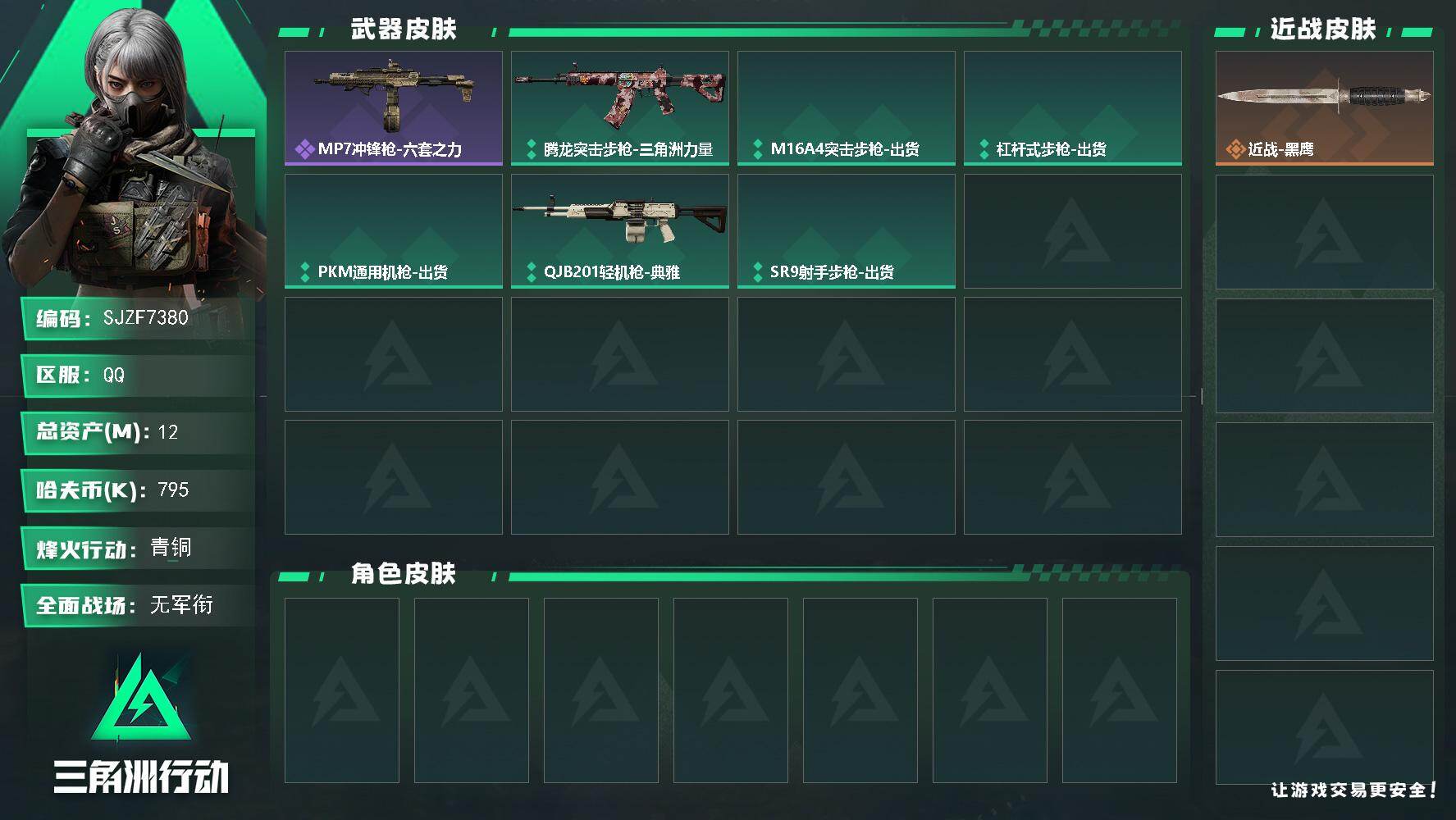 三角洲行动账号QQ【SJZF7380】总资产(M)：12M/哈夫币(K)：795K/哈夫币(K)：795K/全面战场等级：1_段位：无段位/烽火地带等级：36_段位：青铜/近战-黑鹰/MP7冲锋枪-六套之力/腾龙突击