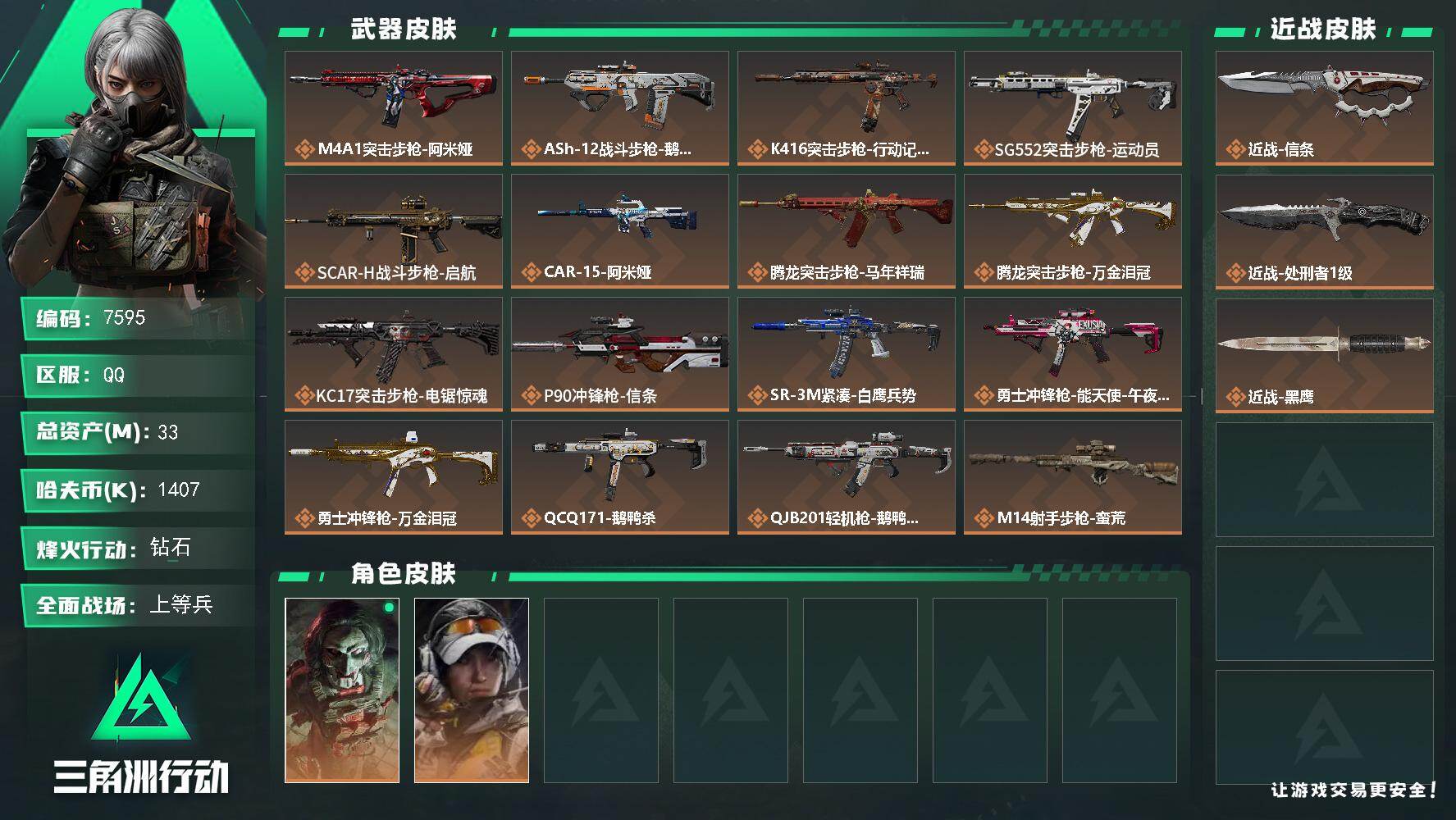三角洲行动账号QQ总资产33M/哈夫币140万/传说近战数1/传说枪皮数24/战场等级29/行动等级60/安全箱等时效性道具以游戏内数据为准，详情请看图/红狼-电锯惊魂/露娜-金牌射手/近战-信条/近战-处刑者/近战-
