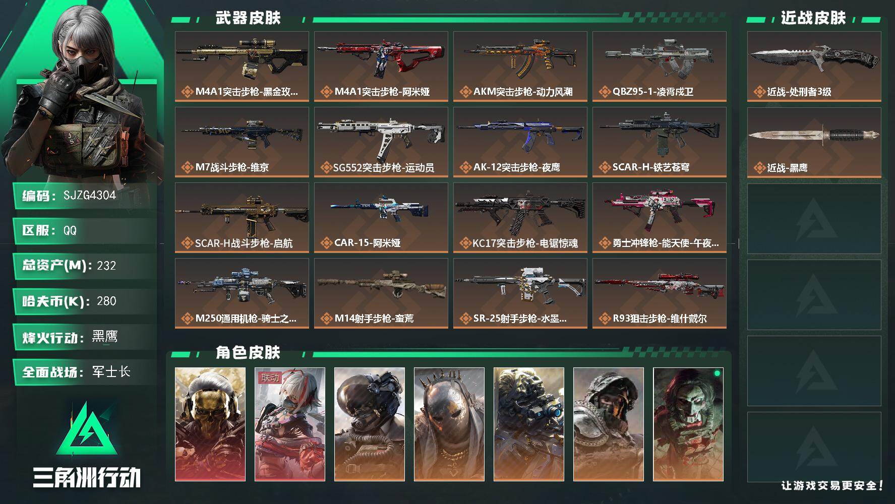 三角洲行动账号QQ【SJZG4304】总资产(M)：232M/哈夫币(K)：280K/哈夫币(K)：280K/传说枪皮