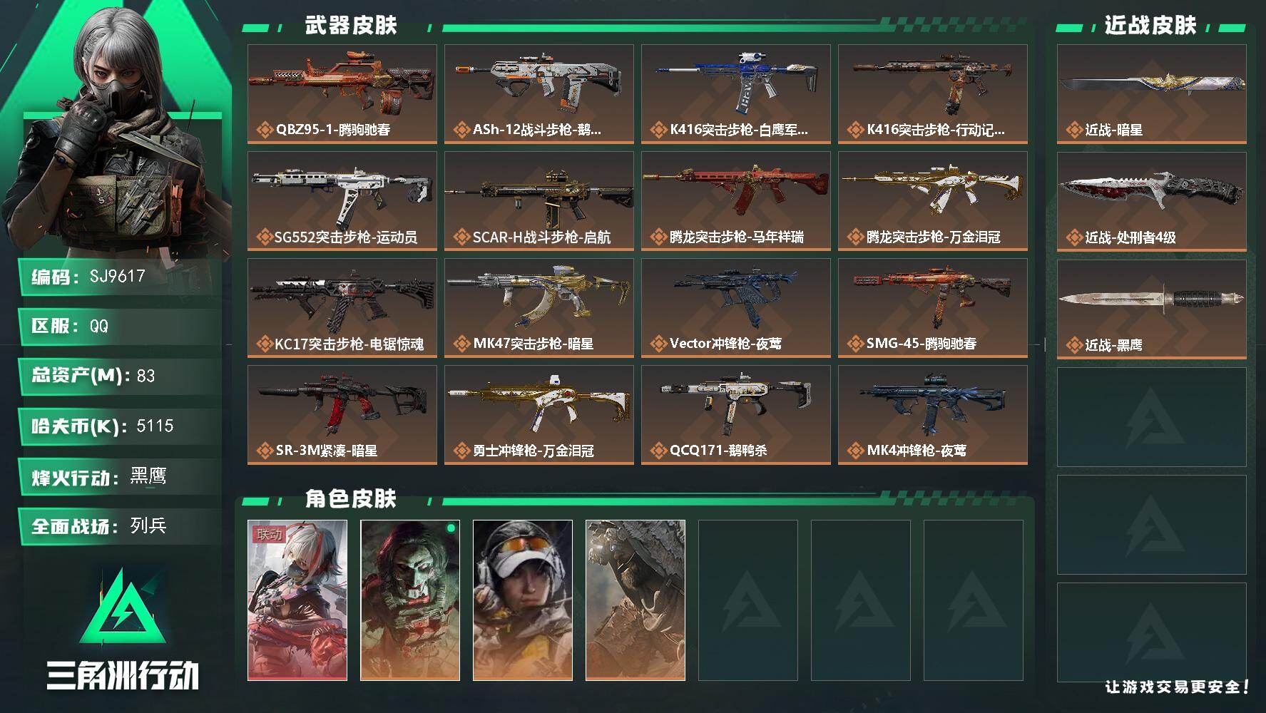 三角洲行动账号QQ【SJ9617】总资产(M)：83M/哈夫币(K)：5115K/哈夫币(K)：5115K/传说枪皮数：27/全面战场等级：13_段位：列兵/烽火地带等级：60_段位：黑鹰/骇爪-维什戴尔/红狼-电锯