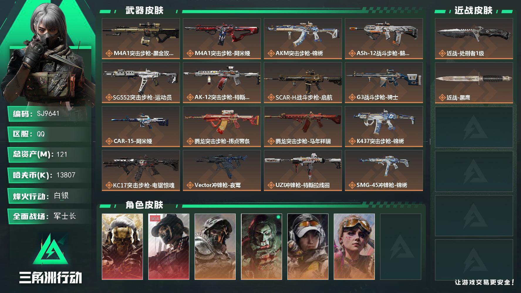 三角洲行动账号QQ【SJ9641】总资产(M)：121M/哈夫币(K)：13807K/哈夫币(K)：13807K/传说枪皮数：30/全面战场等级：45_段位：军士长/烽火地带等级：60_段位：白银/红狼-蚀金玫瑰/露