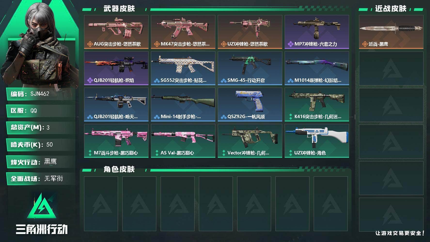 三角洲行动账号QQ【SJN462】总资产(M)：3M/哈夫币(K)：50K/哈夫币(K)：50K/传说枪皮数：3/全面战场等级：1_段位：无段位/烽火地带等级：48_段位：黑鹰/近战-黑鹰/AUG突击步枪-悠然茶歇/