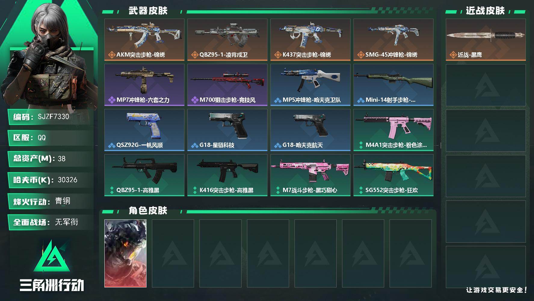 三角洲行动账号QQ【SJZF7330】总资产(M)：38M/哈夫币(K)：30326K/哈夫币(K)：30326K/传说枪皮数：4/全面战场等级：1_段位：无段位/烽火地带等级：25_段位：青铜/威龙-凌霄戍卫/近战