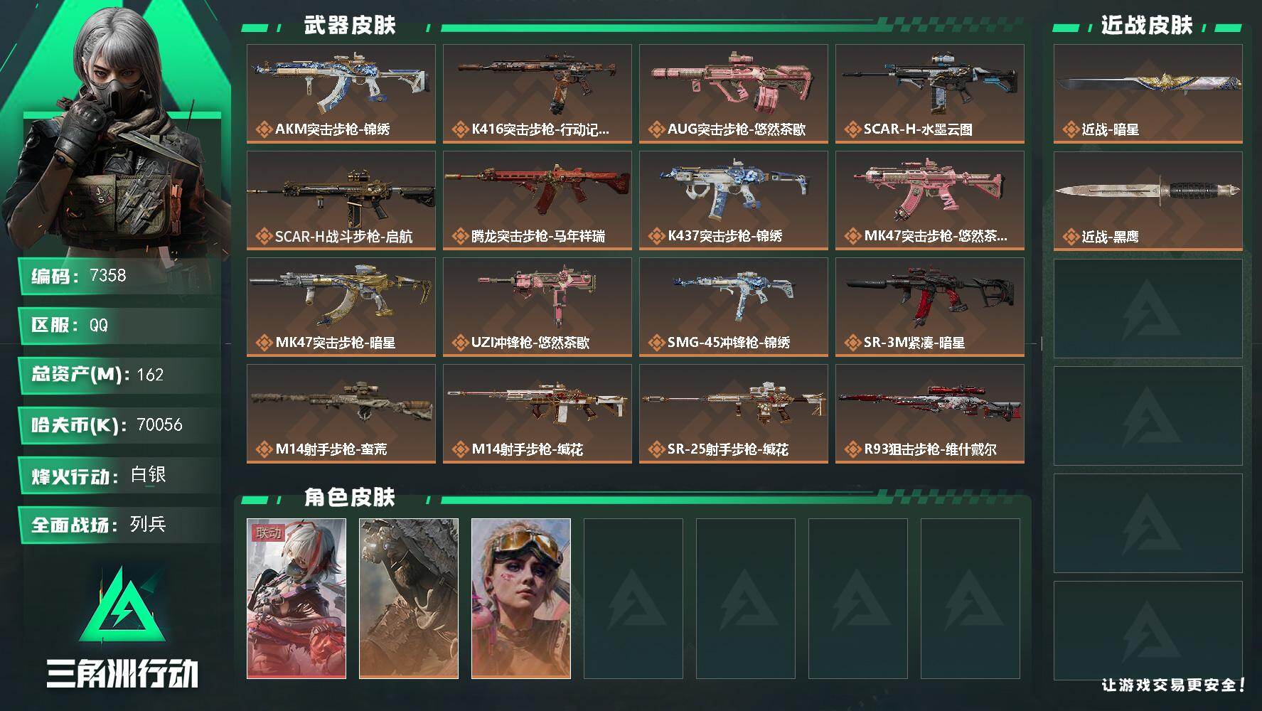 三角洲行动账号QQ总资产162M/哈夫币7005万/传说近战数1/传说枪皮数18/战场等级37/行动等级60/安全箱等时效性道具以游戏内数据为准，详情请看图/骇爪-维什戴尔/乌鲁鲁-荒原猎手/蛊-不羁人生/近战-暗星/
