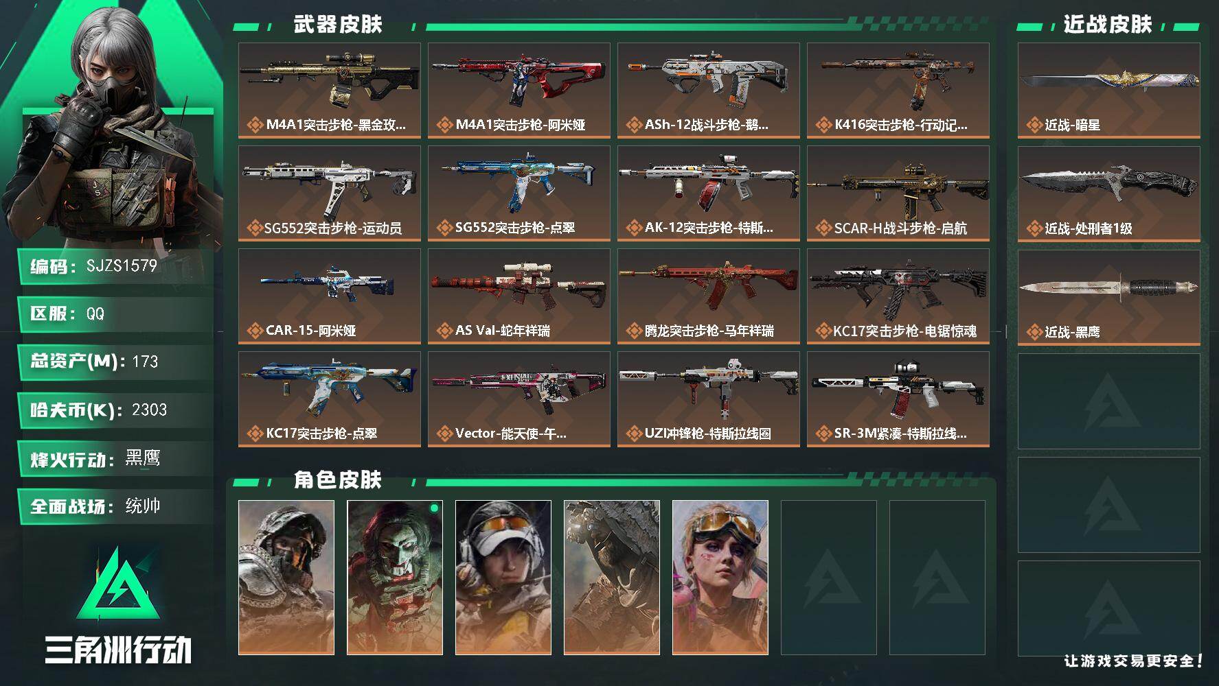 三角洲行动账号QQ【SJZS1579】总资产(M)：173M/哈夫币(K)：2303K/哈夫币(K)：2303K/传说枪皮数：29/全面战场等级：50_段位：统帅/烽火地带等级：60_段位：黑鹰/深蓝-不破誓约/红狼