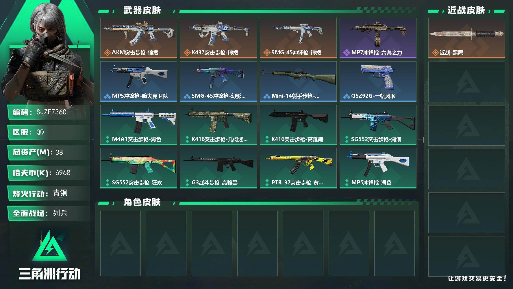 三角洲行动账号QQ【SJZF7360】总资产(M)：38M/哈夫币(K)：6968K/哈夫币(K)：6968K/传说枪皮数：3/全面战场等级：11_段位：列兵/烽火地带等级：33_段位：青铜/近战-黑鹰/AKM突击步