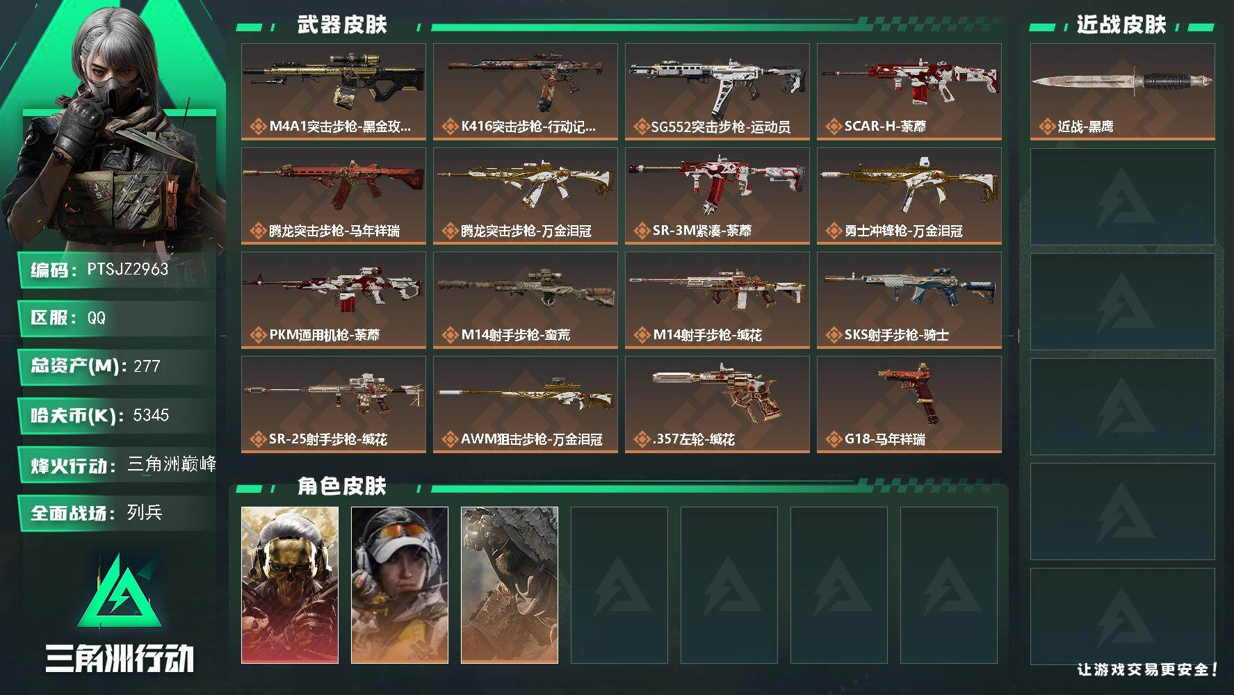 三角洲行动账号QQ【PTSJZ2963】总资产(M)：277M/哈夫币(K)：5345K/哈夫币(K)：5345K/传