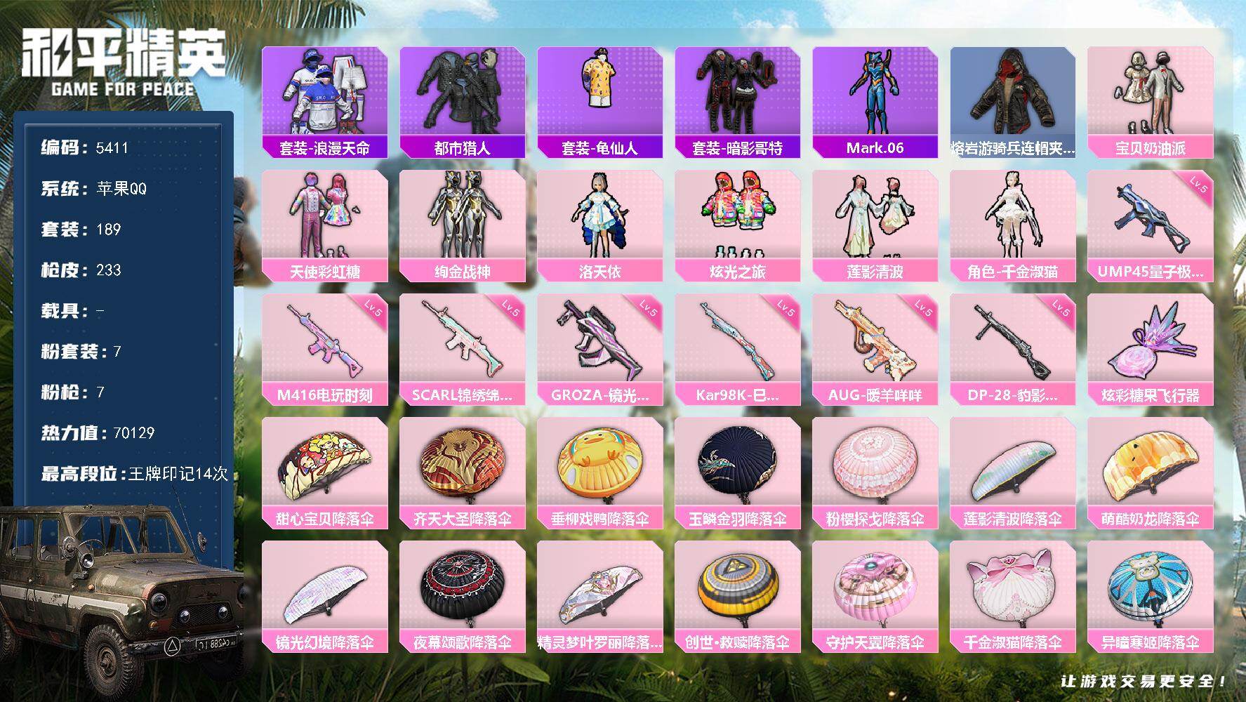 和平精英账号苹果QQ189套装/枪械7/装备288/战备197/王牌印记14/热力值70129/五级SCAR-L-锦绣绵