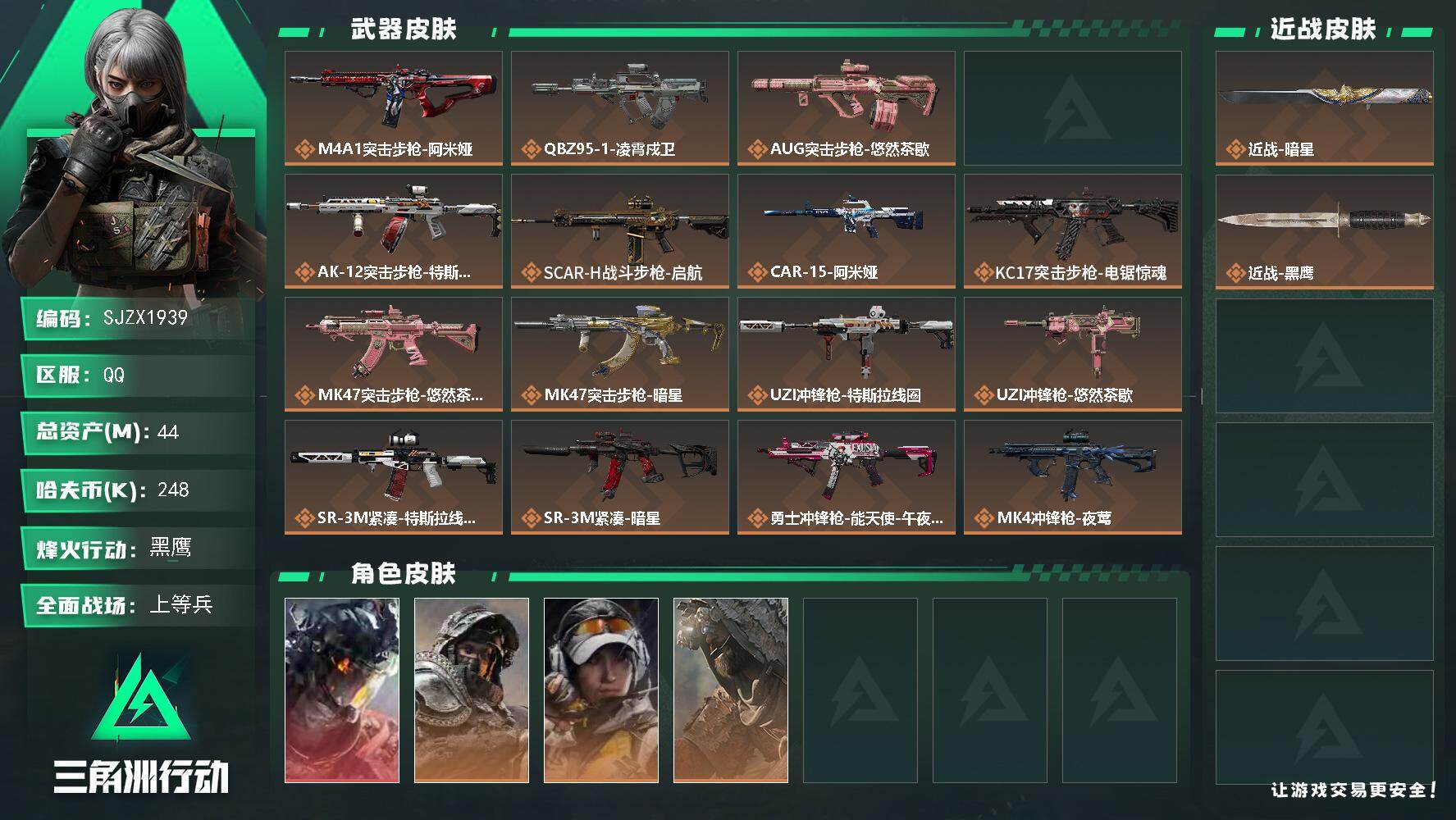 三角洲行动账号QQ【SJZX1939】总资产(M)：44M/哈夫币(K)：248K/哈夫币(K)：248K/传说枪皮数：24/全面战场等级：31_段位：上等兵/烽火地带等级：60_段位：黑鹰/威龙-凌霄戍卫/深蓝-不
