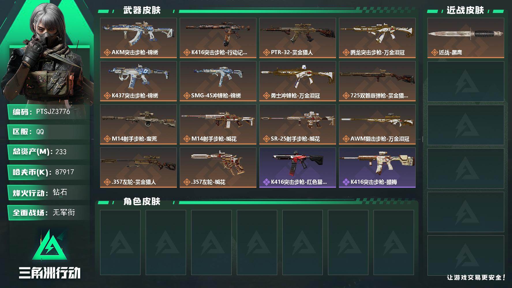 三角洲行动账号QQ【PTSJZ3776】总资产(M)：233M/哈夫币(K)：87917K/哈夫币(K)：87917K