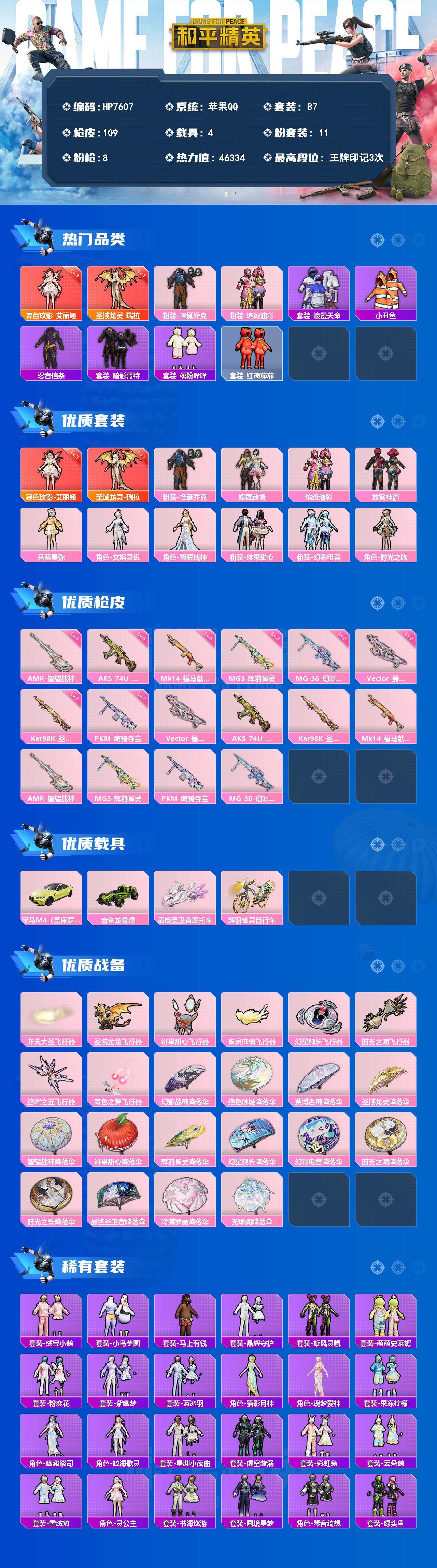 和平精英账号苹果QQ素材号-艾丽娅三级/瑞拉一级/小丑/猪脸/浪漫天命/小丑鱼/忍者信条/红眼罩/糯粉咩咩/红熊茄茄/蝶