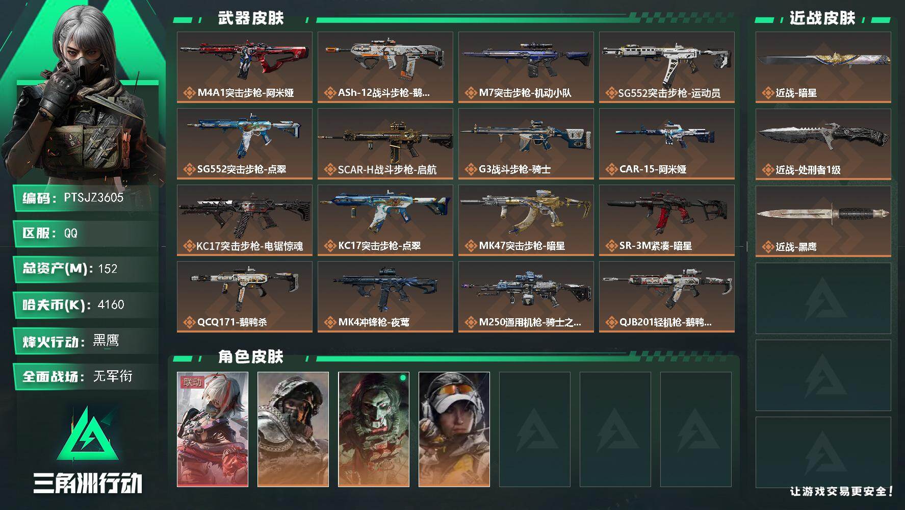 三角洲行动账号QQ【PTSJZ3605】总资产(M)：152M/哈夫币(K)：4160K/哈夫币(K)：4160K/传