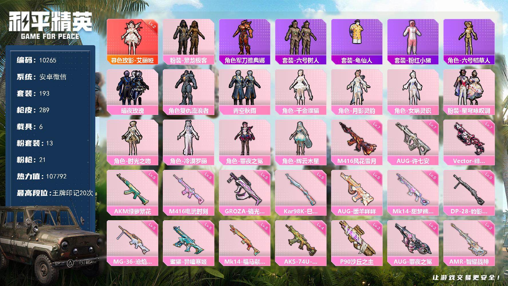 和平精英账号安卓微信6载具-193套装-289枪皮-2级艾丽娅！安卓 微信-1神装-13粉装-21特效枪-6载具-11粉