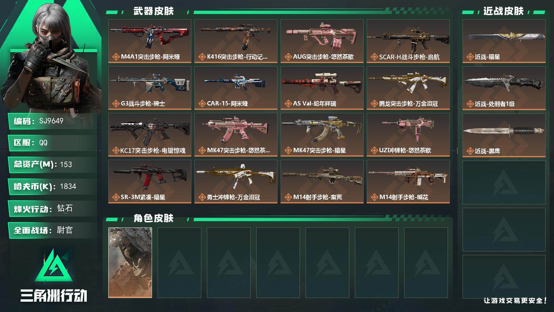 三角洲行动账号QQ【SJ9649】总资产(M)：153M/哈夫币(K)：1834K/哈夫币(K)：1834K/传说枪皮数：20/全面战场等级：26_段位：尉官/烽火地带等级：60_段位：钻石/乌鲁鲁-荒原猎手/近战-