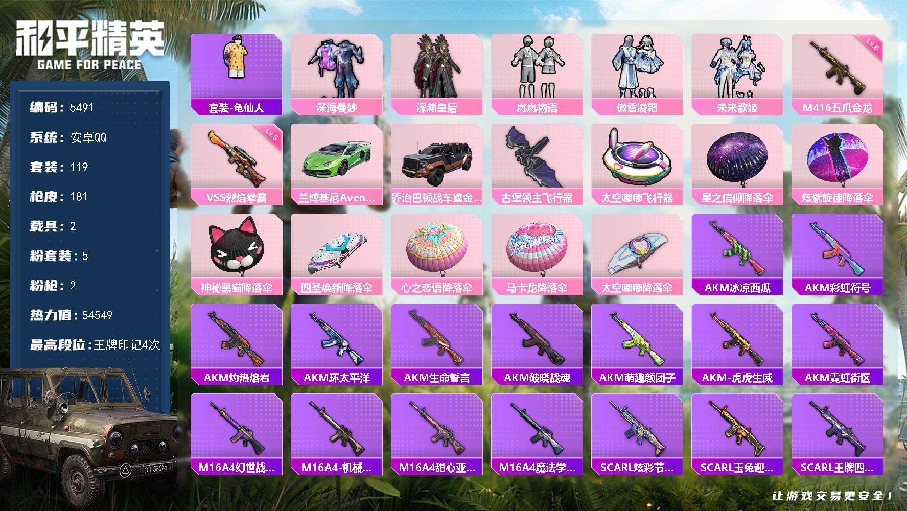 和平精英账号安卓QQ119套装/枪械2/装备205/载具2/战备103/王牌印记4/热力值54549/六级M416-五爪
