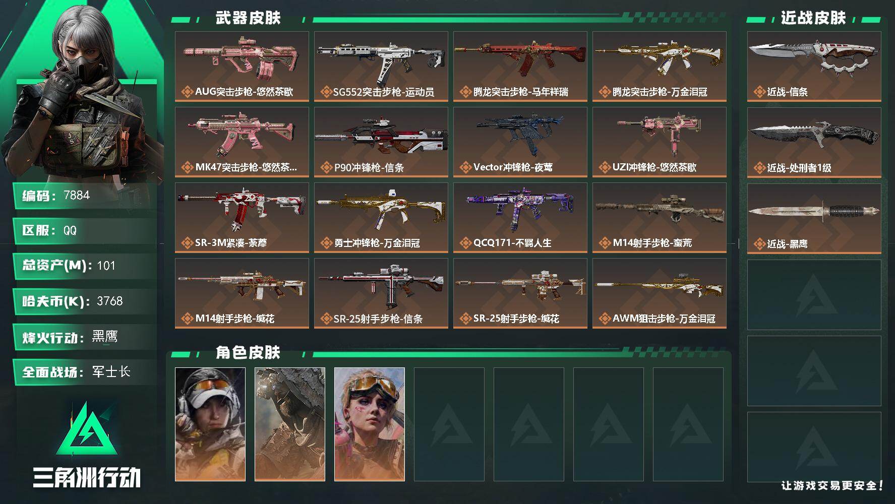 三角洲行动账号QQ总资产101M/哈夫币376万/传说近战数1/传说枪皮数18/战场等级23/行动等级60/安全箱等时效性道具以游戏内数据为准，详情请看图/露娜-金牌射手/乌鲁鲁-荒原猎手/蛊-不羁人生/近战-信条/近