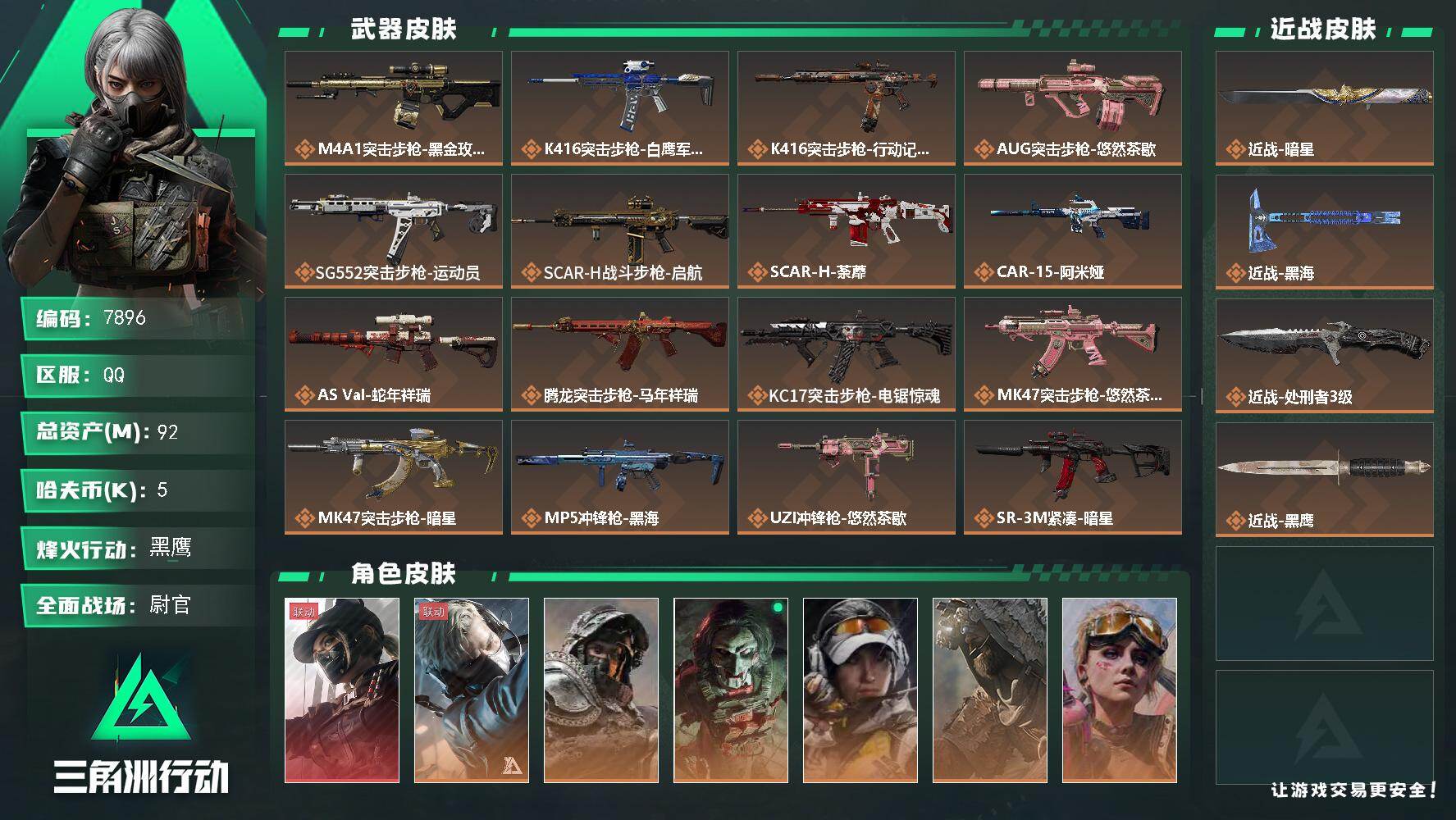 三角洲行动账号QQ总资产92M/哈夫币0万/传说近战数1/传说枪皮数30/战场等级37/行动等级60/安全箱等时效性道具以游戏内数据为准，详情请看图/露娜-黑·天际线/蜂医-送葬人·无题密令/深蓝-不破誓约/红狼-电锯
