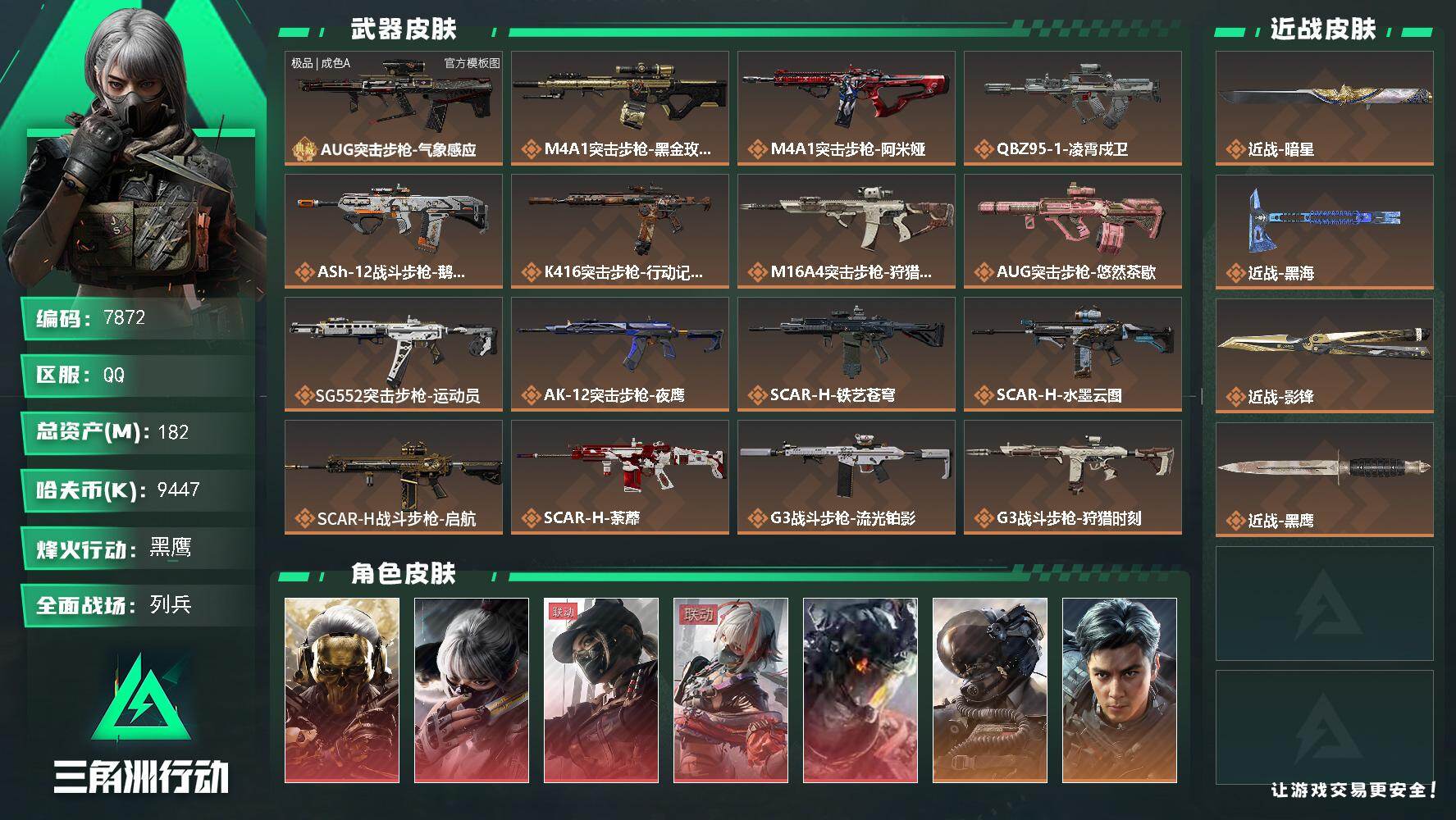 三角洲行动账号QQ总资产182M/哈夫币944万/传说近战数1/传说枪皮数50/战场等级12/行动等级60/安全箱等时效性道具以游戏内数据为准，详情请看图/红狼-蚀金玫瑰/骇爪-水墨云图/露娜-黑·天际线/骇爪-维什戴