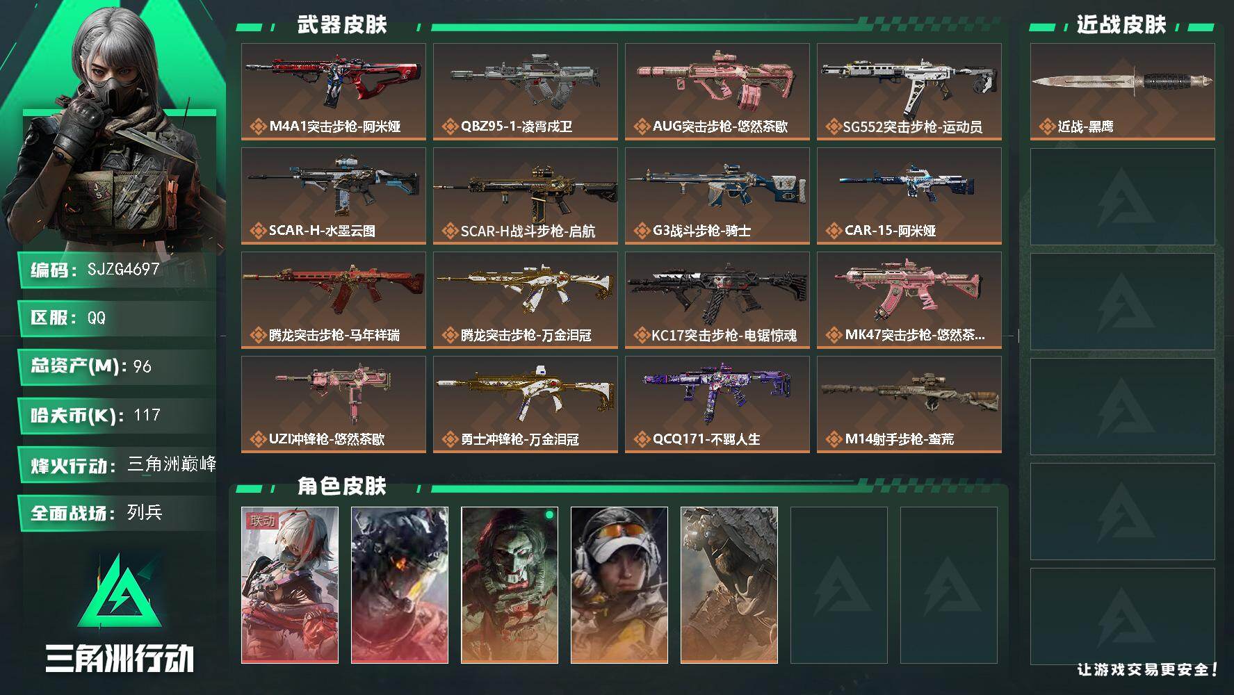 三角洲行动账号QQ【SJZG4697】总资产(M)：96M/哈夫币(K)：117K/哈夫币(K)：117K/传说枪皮数：23/全面战场等级：17_段位：列兵/烽火地带等级：60_段位：三角洲巅峰/骇爪-维什戴尔/威龙