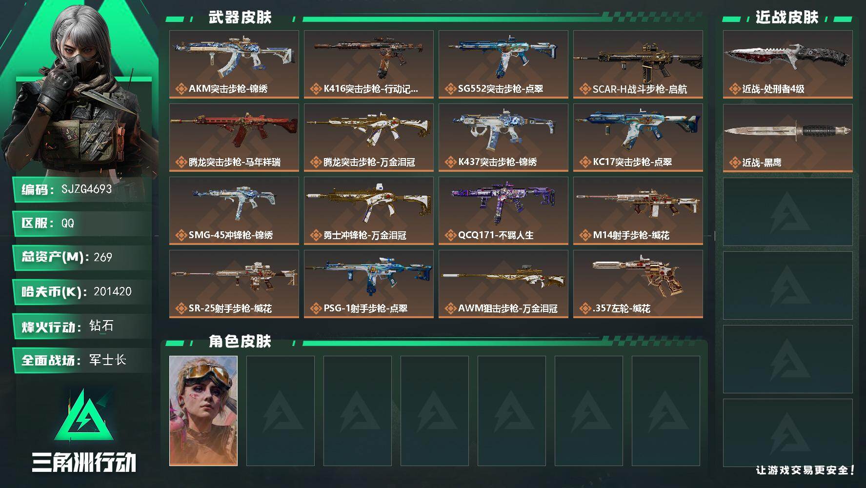 三角洲行动账号QQ【SJZG4693】总资产(M)：269M/哈夫币(K)：201420K/哈夫币(K)：201420K/传说枪皮数：17/全面战场等级：34_段位：军士长/烽火地带等级：60_段位：钻石/蛊-不羁人