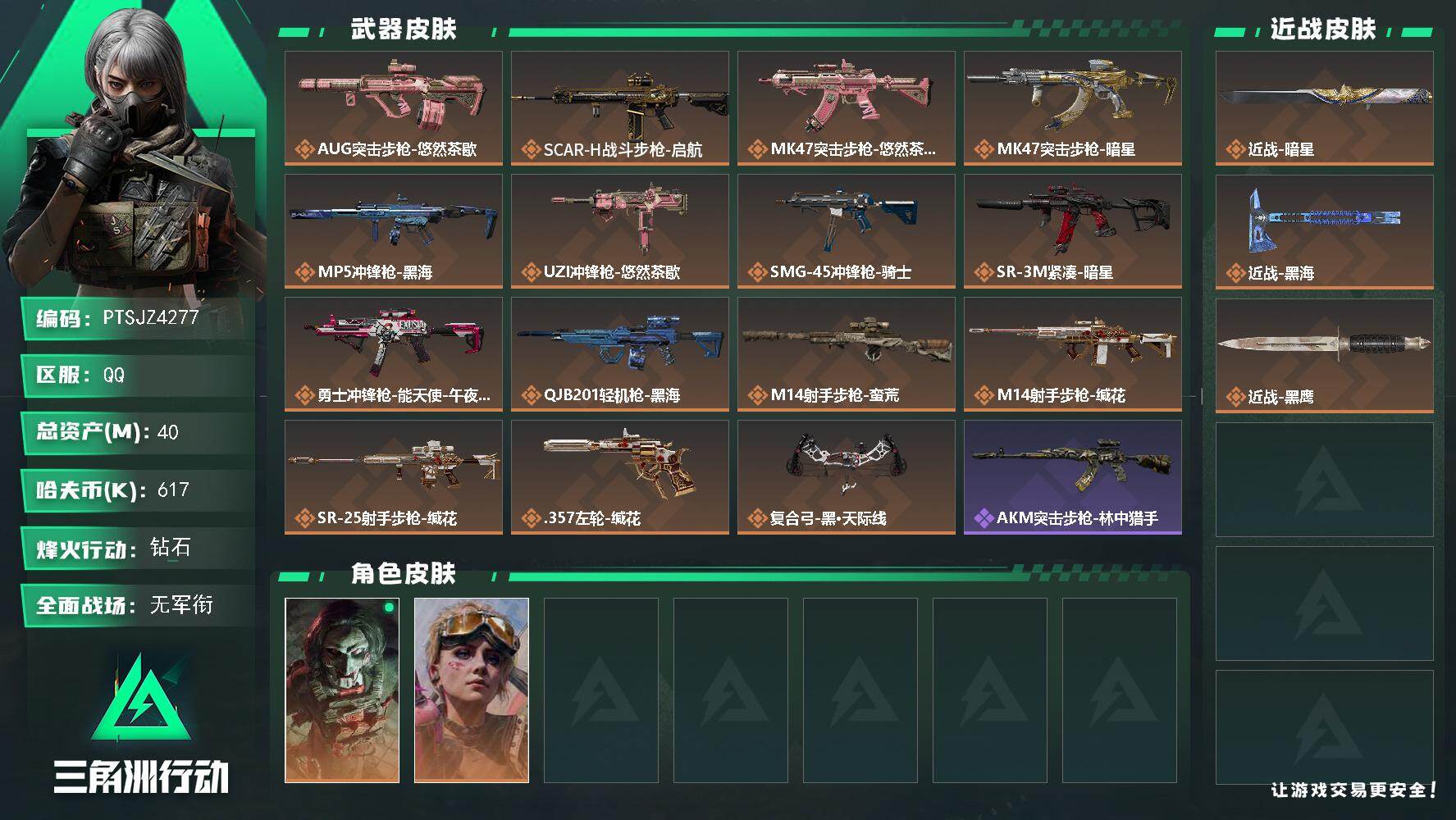三角洲行动账号QQ【PTSJZ4277】总资产(M)：40M/哈夫币(K)：617K/哈夫币(K)：617K/传说枪皮