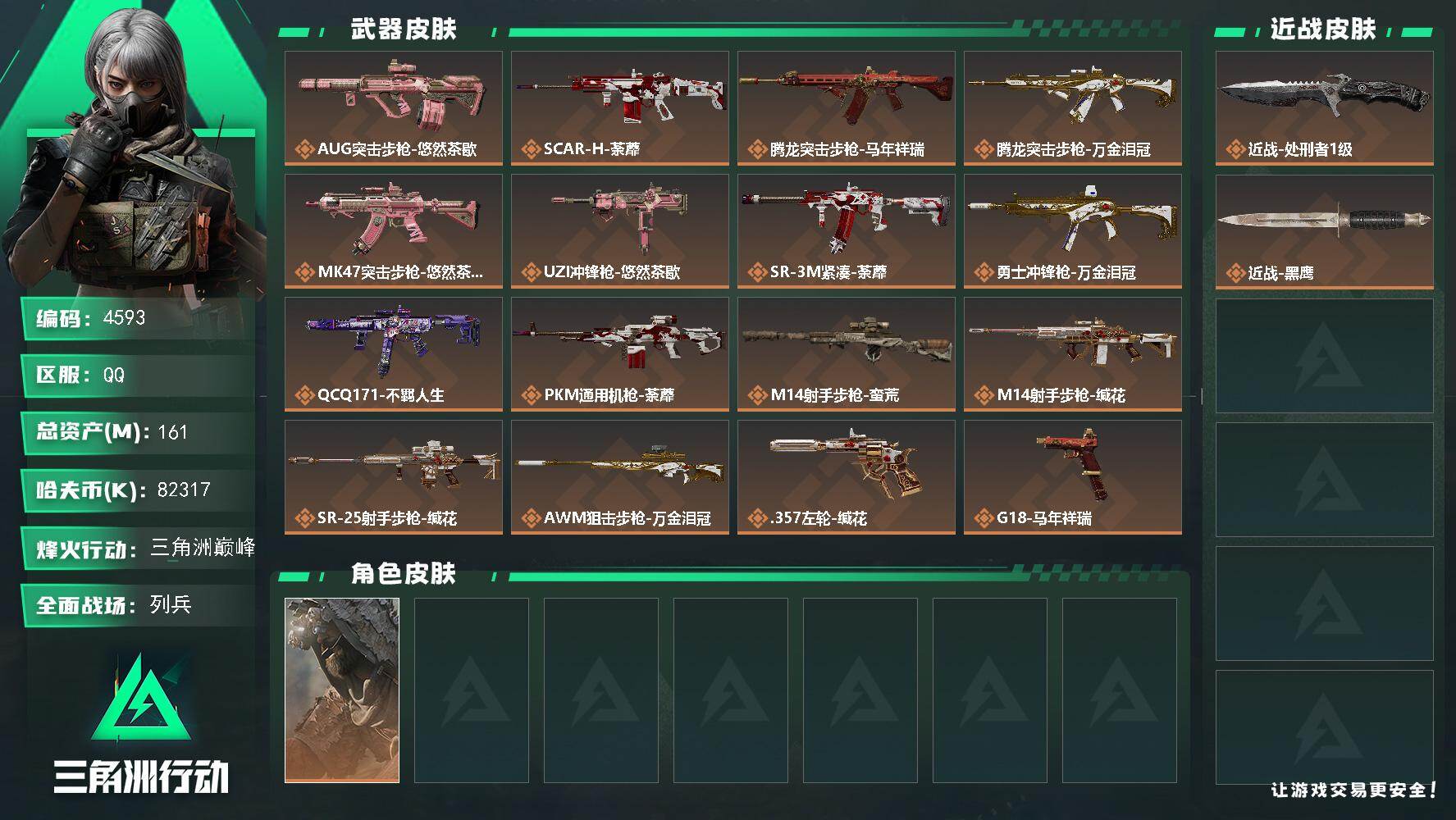 三角洲行动账号QQPX_2554842-161m总资产-82317k哈夫币-60烽火等级-三角洲巅峰-22战场等级-列兵
【干员外观】：乌鲁鲁-荒原猎手
【近战皮肤】：近战-处刑者1级，近战-黑鹰
【传说外观
