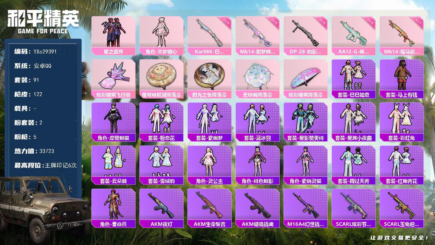 和平精英账号安卓QQ【满地铁天赋】YXc29391-【无二次协助处理】【因赛季更新游戏段付以上号为准!】
安卓Q-2粉装5特效枪3热门91套装122枪皮  6印记 历史超级王牌14星 
【2粉装】 羊梦糖心 星之彼岸 
