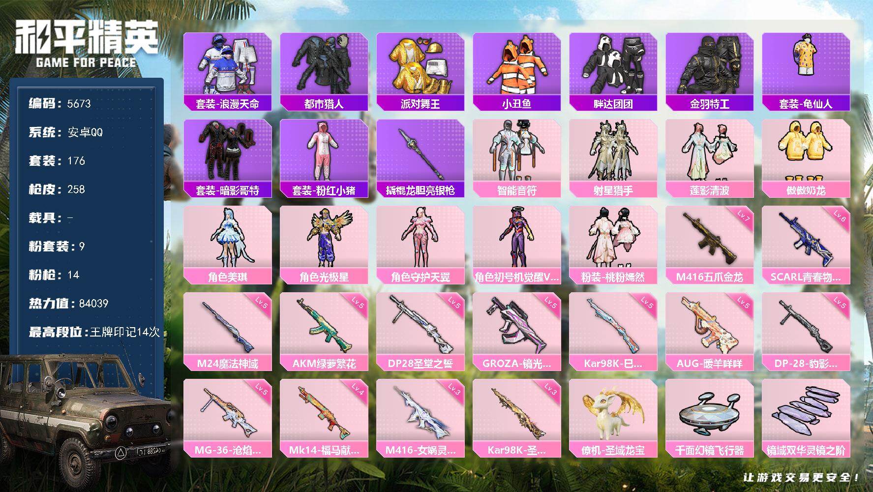 和平精英账号安卓QQ176套装/枪械14/装备322/战备198/王牌印记14/热力值84039/五级AKM-绿萝繁花/