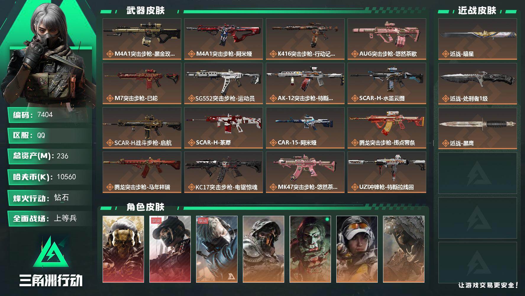 三角洲行动账号QQ总资产236M/哈夫币1056万/传说近战数1/传说枪皮数32/战场等级26/行动等级60/安全箱等时效性道具以游戏内数据为准，详情请看图/红狼-蚀金玫瑰/露娜-黑·天际线/蜂医-送葬人·无题密令/深