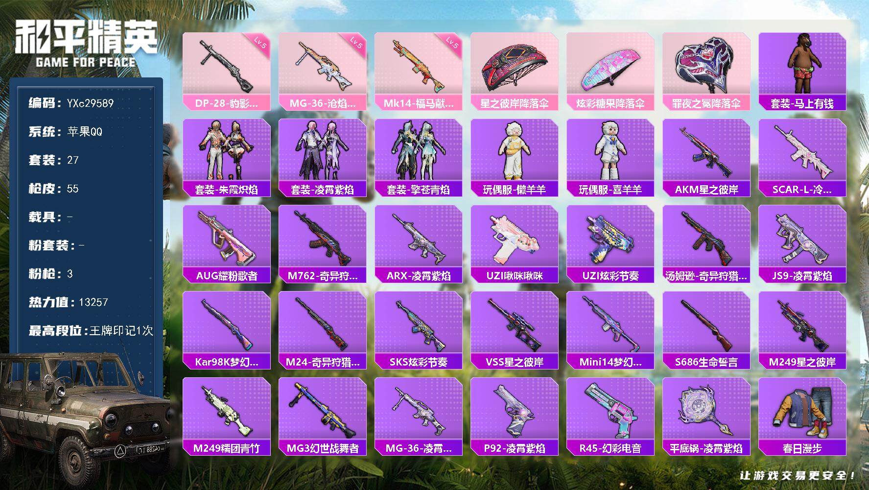 和平精英账号苹果QQ0载具-27套装-55枪皮-【满地铁天赋】YXc29589-【无二次协助处理】【因赛季更新游戏段付以上号为准!】
 苹果Q-3特效枪4热门27套装55枪皮 1印记 历史卓越王牌13星 
【3特效枪】 